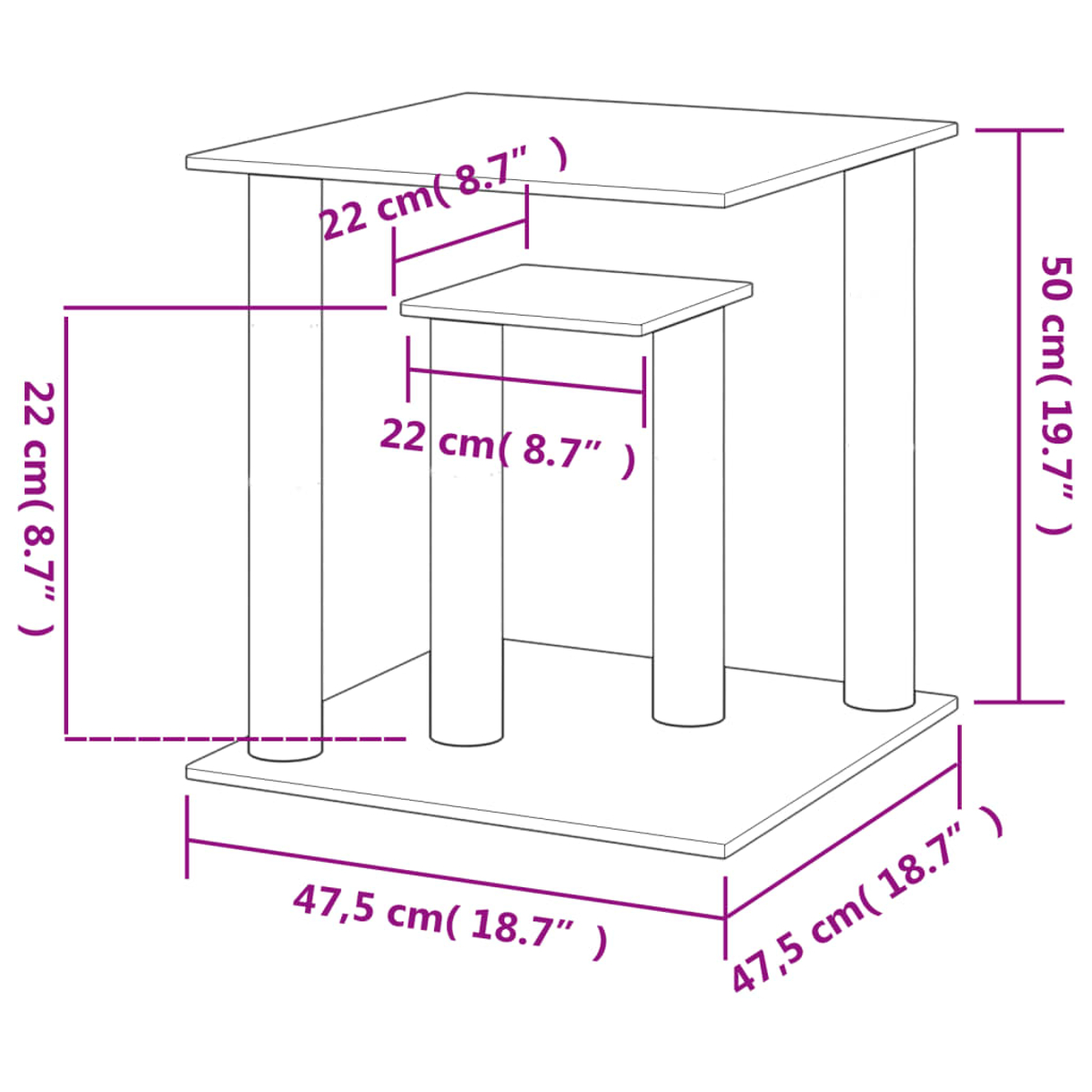 Diagramm eines Satzes von Nisttischen, Maße sind in Zentimetern angegeben.