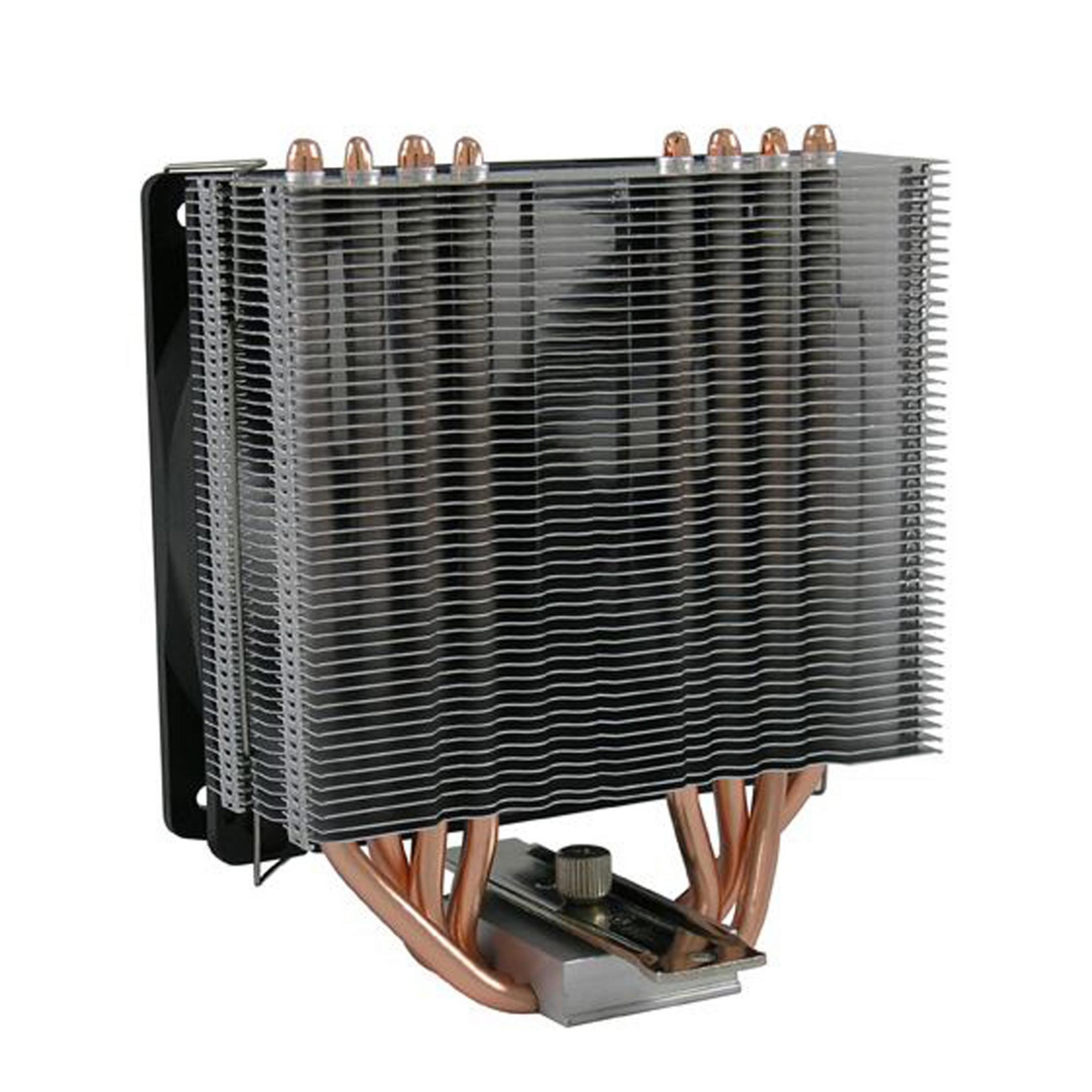 Ein Computer-CPU-Kühler mit Kupferrohren und Metallrippen.