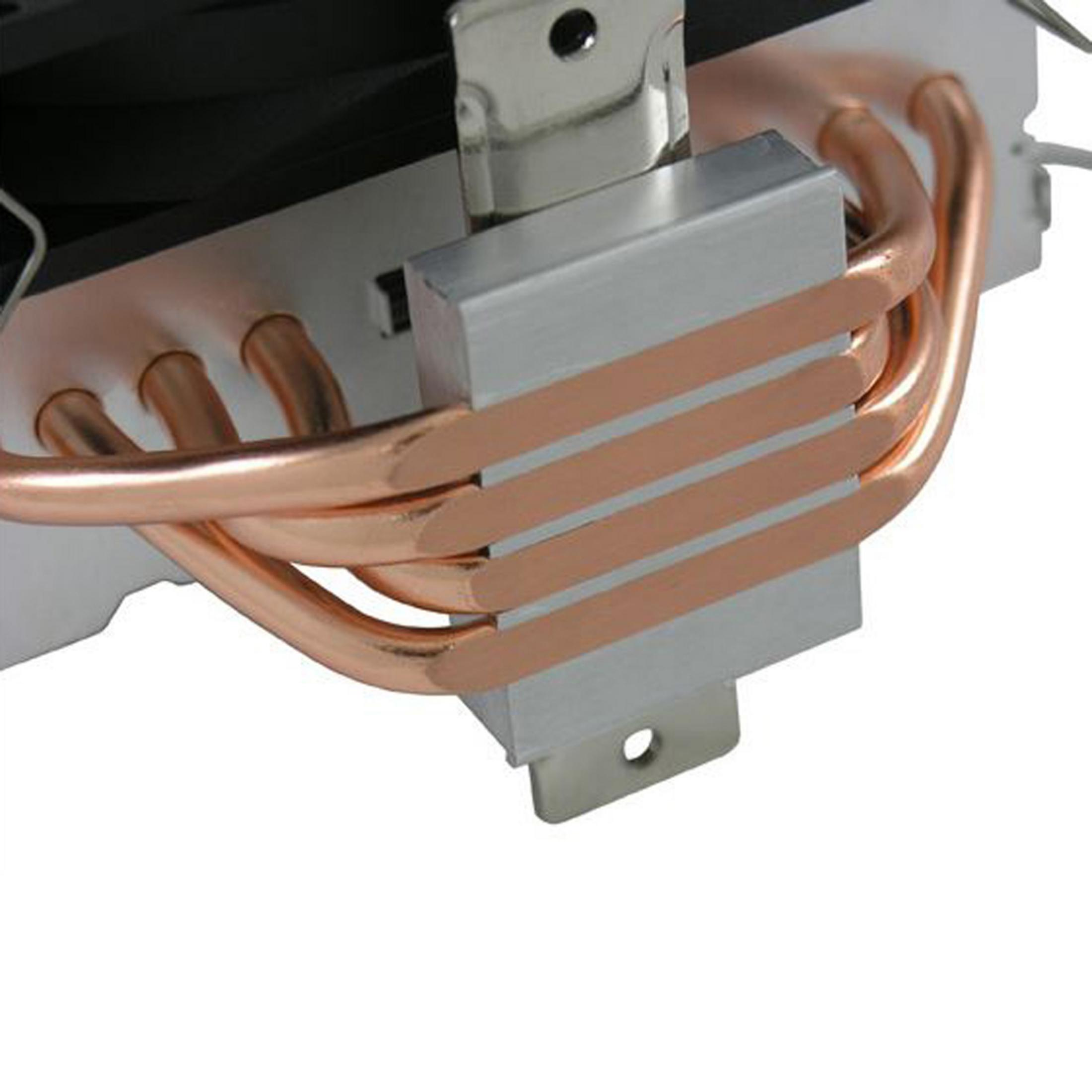 Nahaufnahme eines CPU-Kühlers mit Kupferrohren und Metallrippen.
