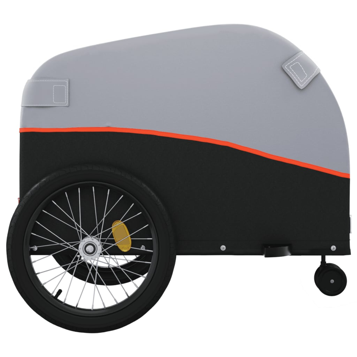 Grauer und schwarzer Anhänger mit Rad. Oranger Streifen. Schwarzes Rad und kleines Rad.