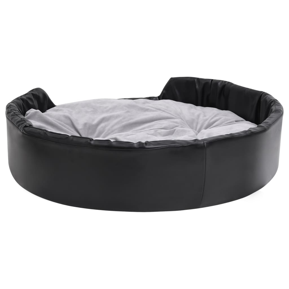 Schwarzes Hundebett mit grauem Kissen. Das Bett ist rund und hat leicht erhöhte Seiten.