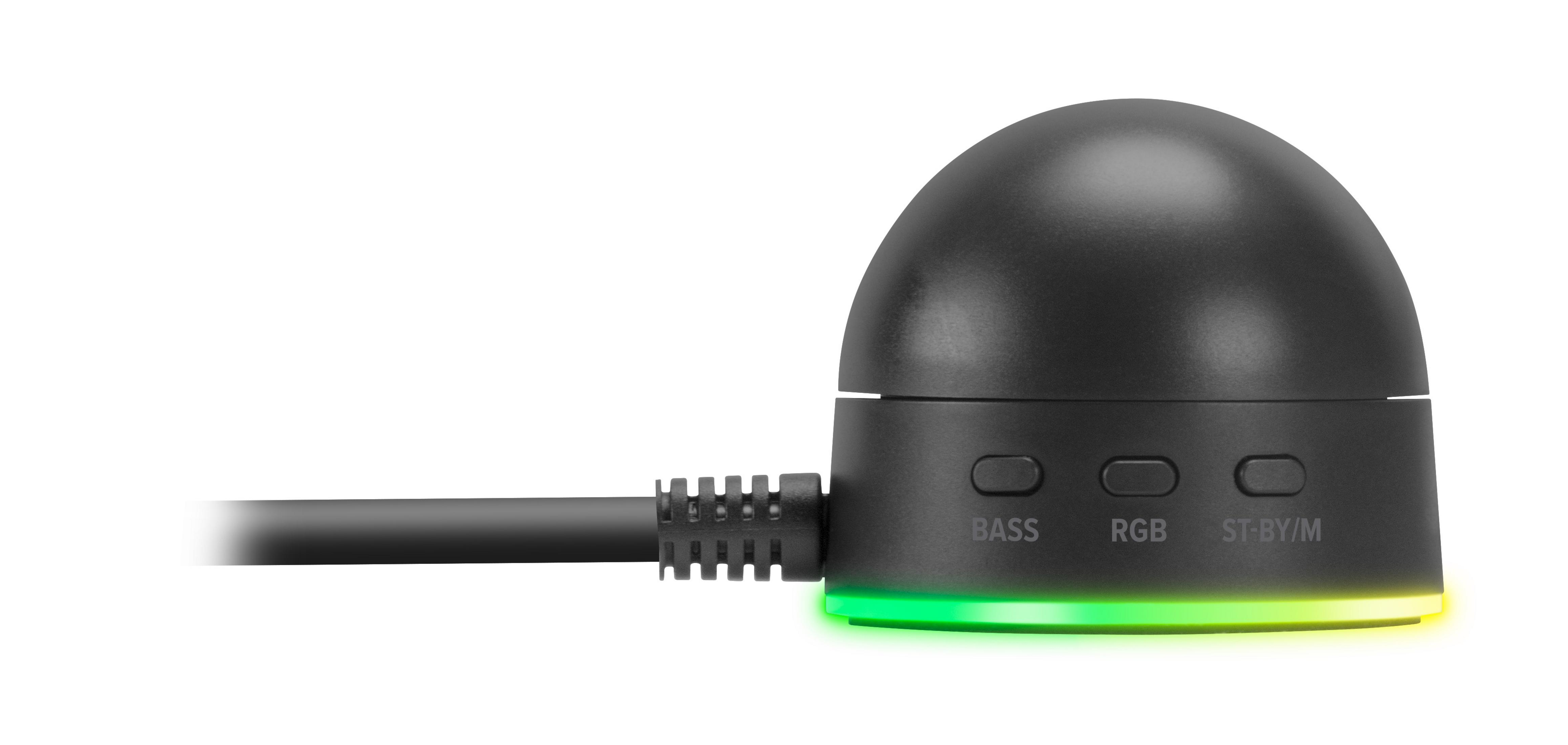 Czarny głośnik z przyciskami BASS, RGB i ST-BY/M z podświetlaną podstawą.
