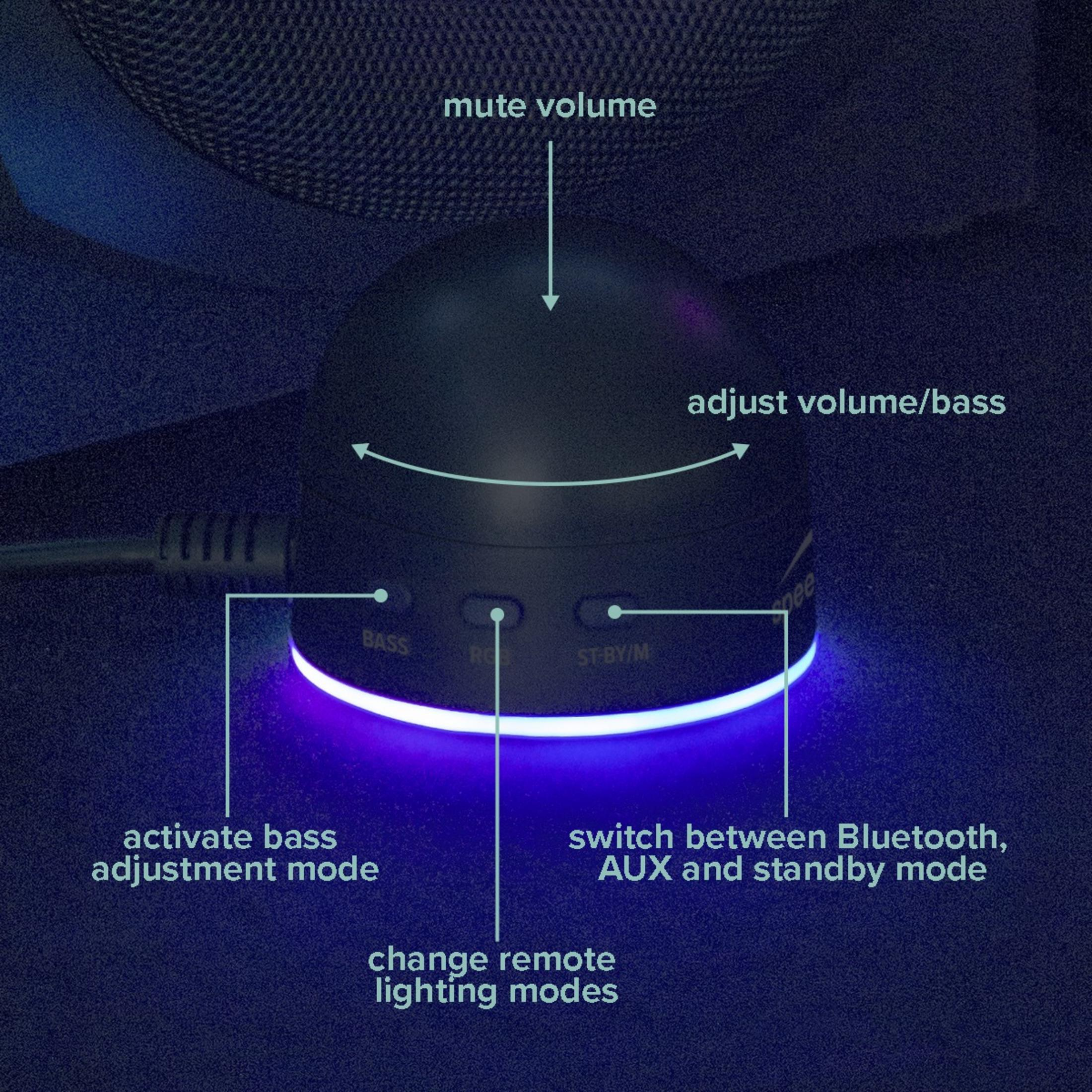 Czarny głośnik z kontrolkami: bas, RGB, ST-BY/M i wycisz głośność.