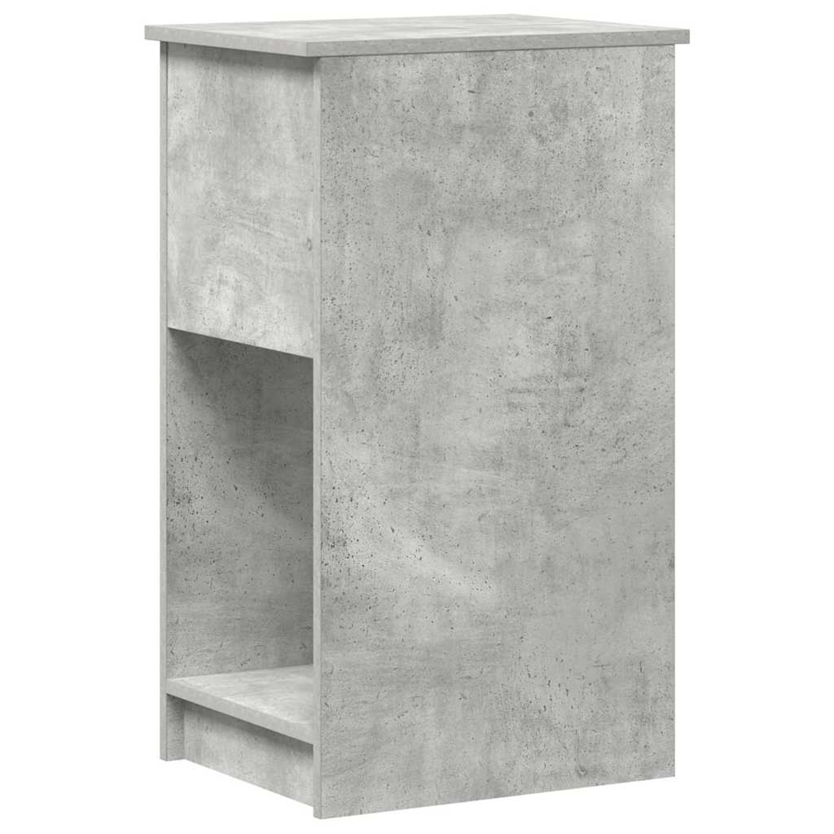 Ein grauer, betonartiger Schrank mit einem Regal und einem kleinen offenen Bereich.