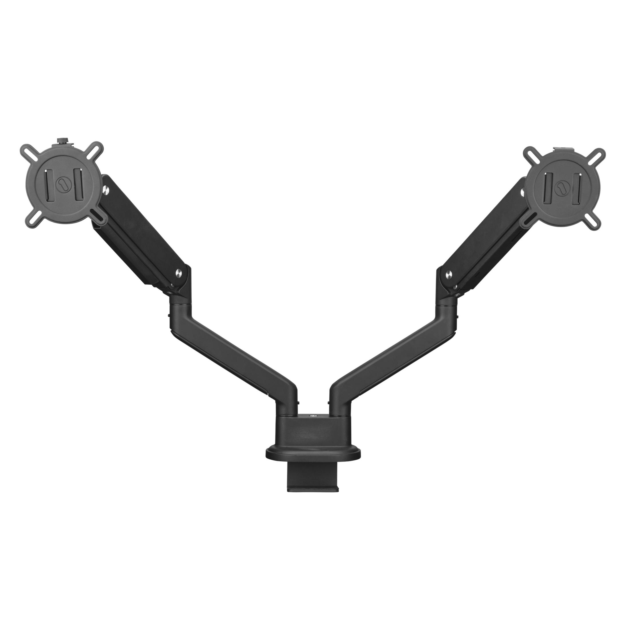 A black dual monitor arm. The arms and monitor mounts are in a V-shape.