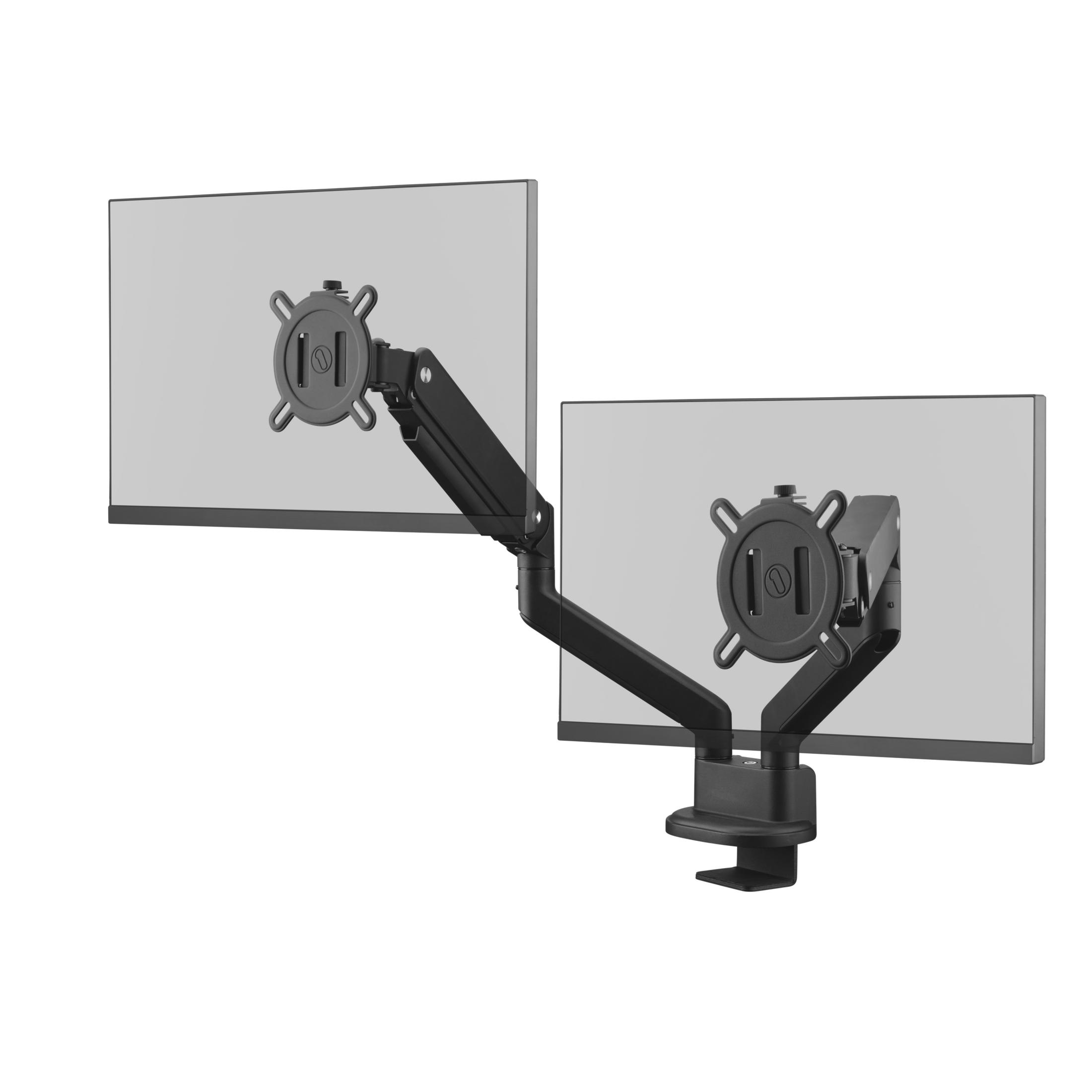 Dual monitor mount with two screens. The mount is black and attached to a desk.