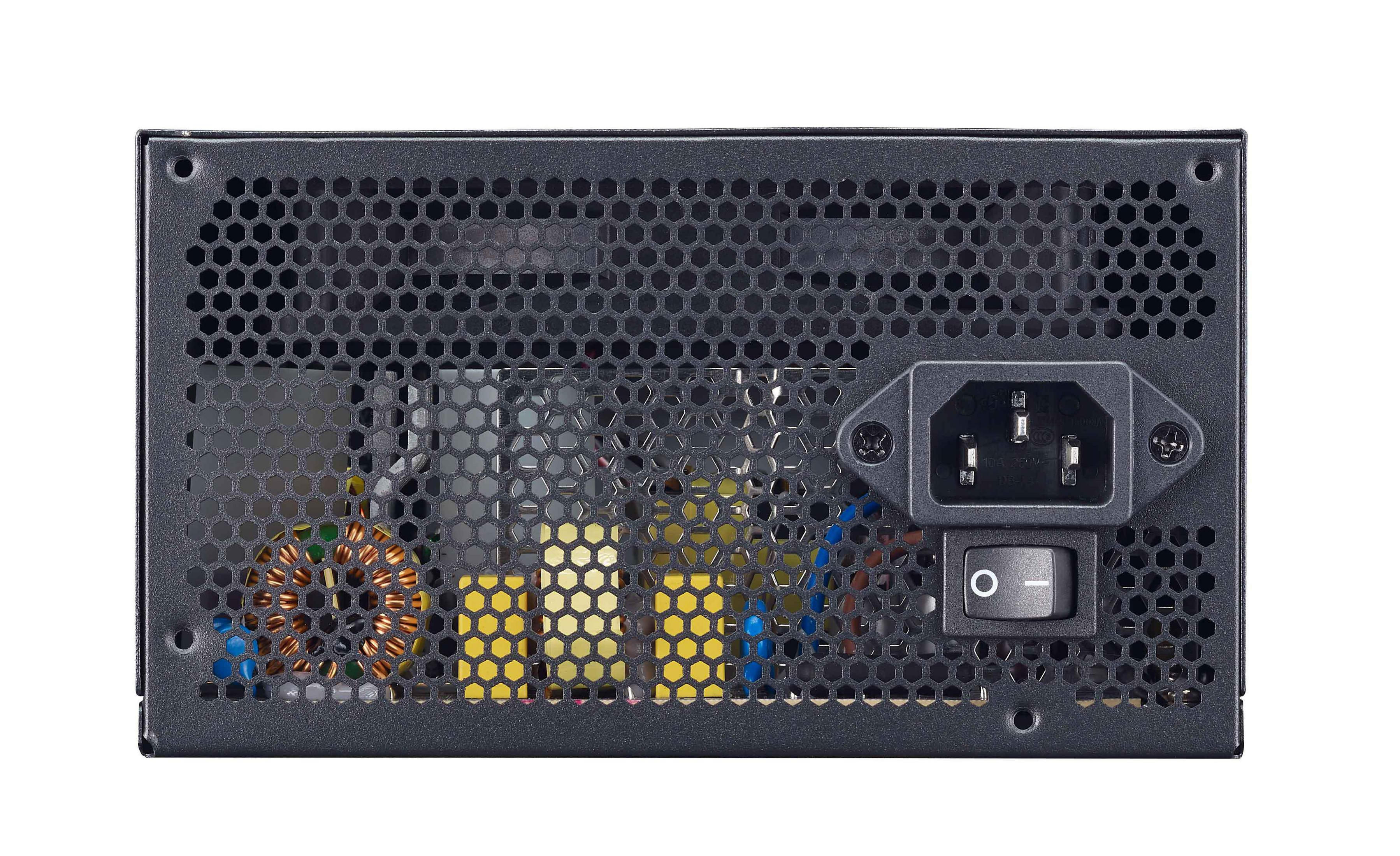 Rückseite des Netzteils mit Grill. Hat einen Netzstecker und einen Schalter.
