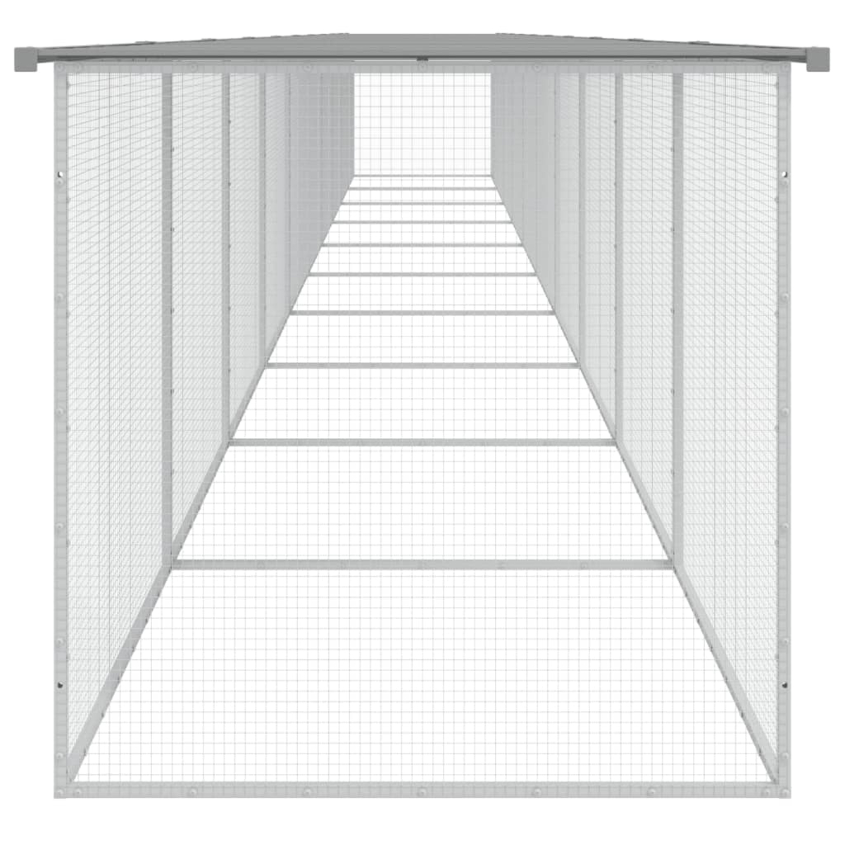 Metallkäfigtunnel mit Dach. Seiten aus Drahtgeflecht. Graues Dach. Weißer Hintergrund.