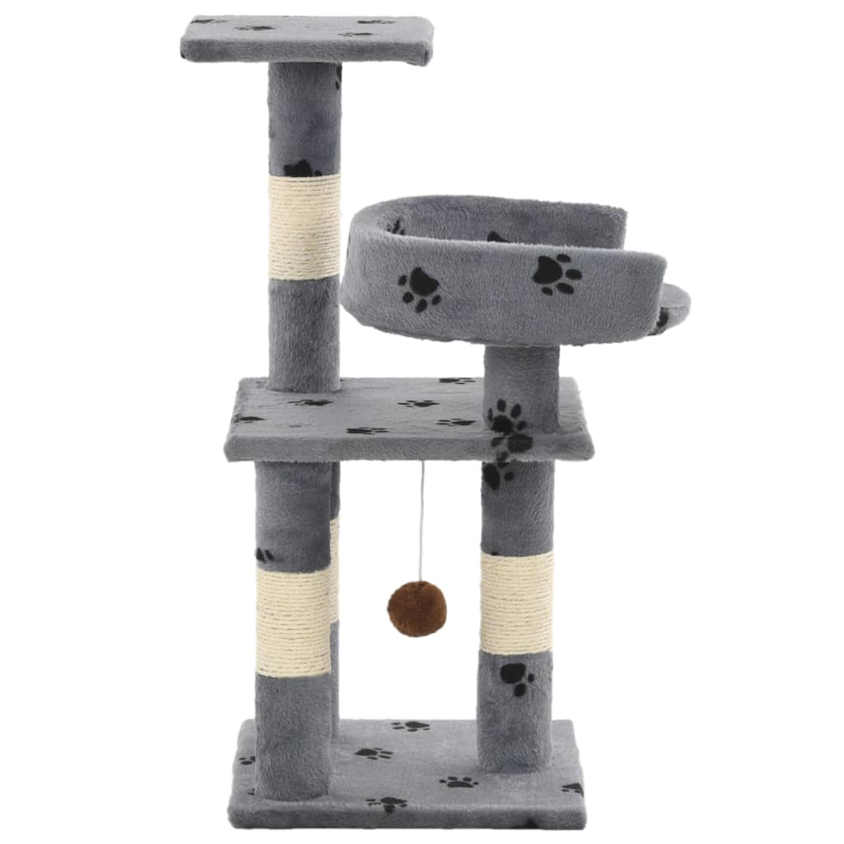 Grauer Katzenbaum mit mehreren Ebenen, Kratzbäumen, einer Hängematte und einem hängenden Spielzeug.