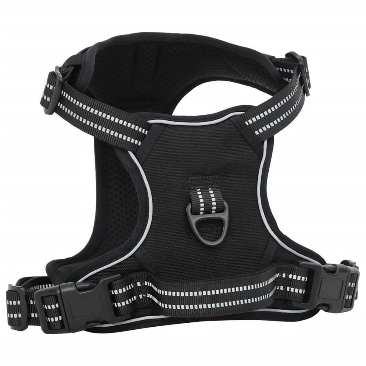Imbracatura per cani nera con strisce riflettenti bianche e fibbie in plastica nera.
