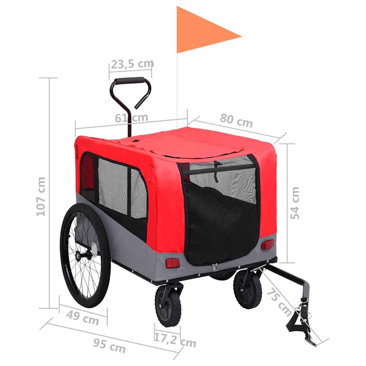 Ein rot-grauer Haustieranhänger mit Fahne und Maßangaben.