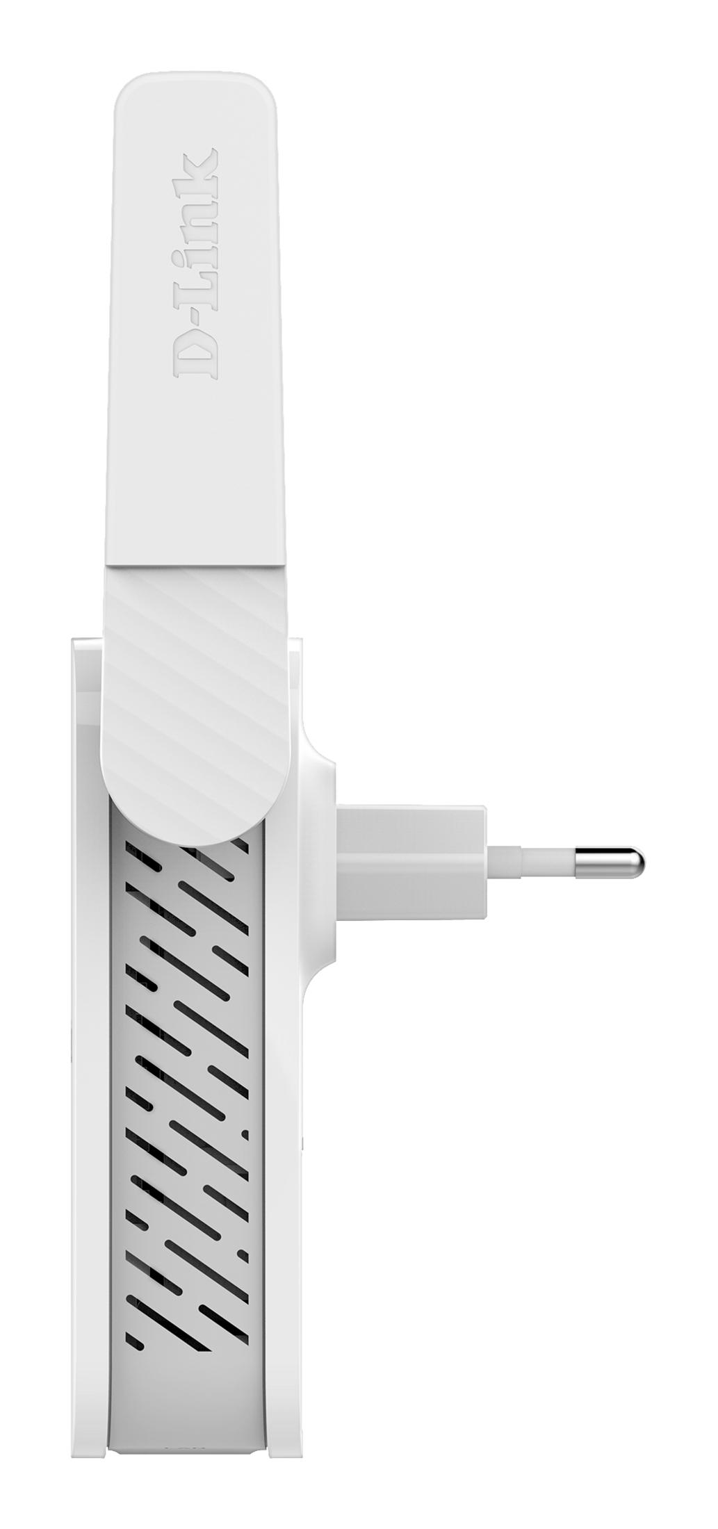 Ripetitore Wi-Fi D-Link bianco. La spina è nel muro. L'antenna è estesa.