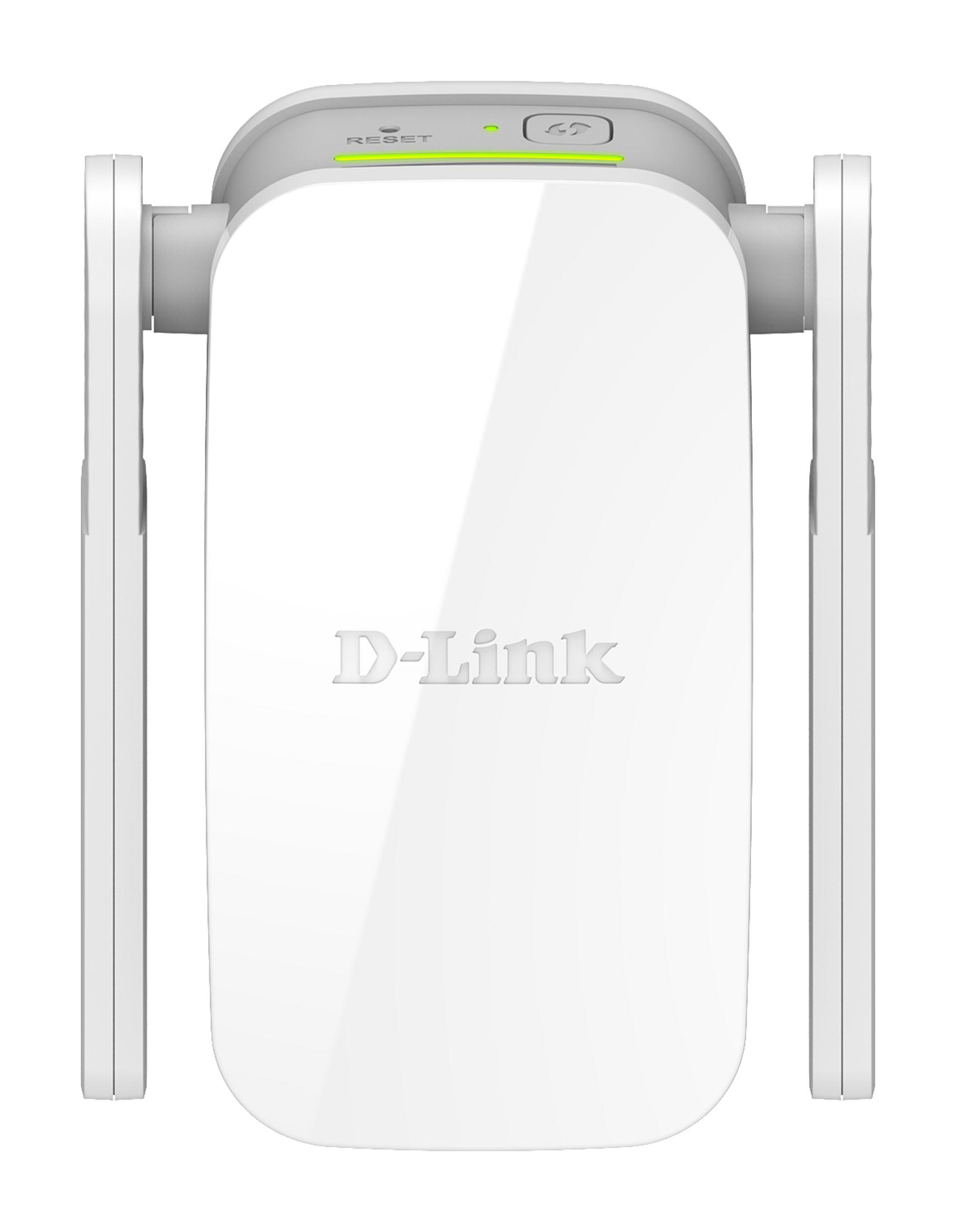 Un ripetitore Wi-Fi D-Link bianco, antenne estese, con il logo D-Link sul davanti.