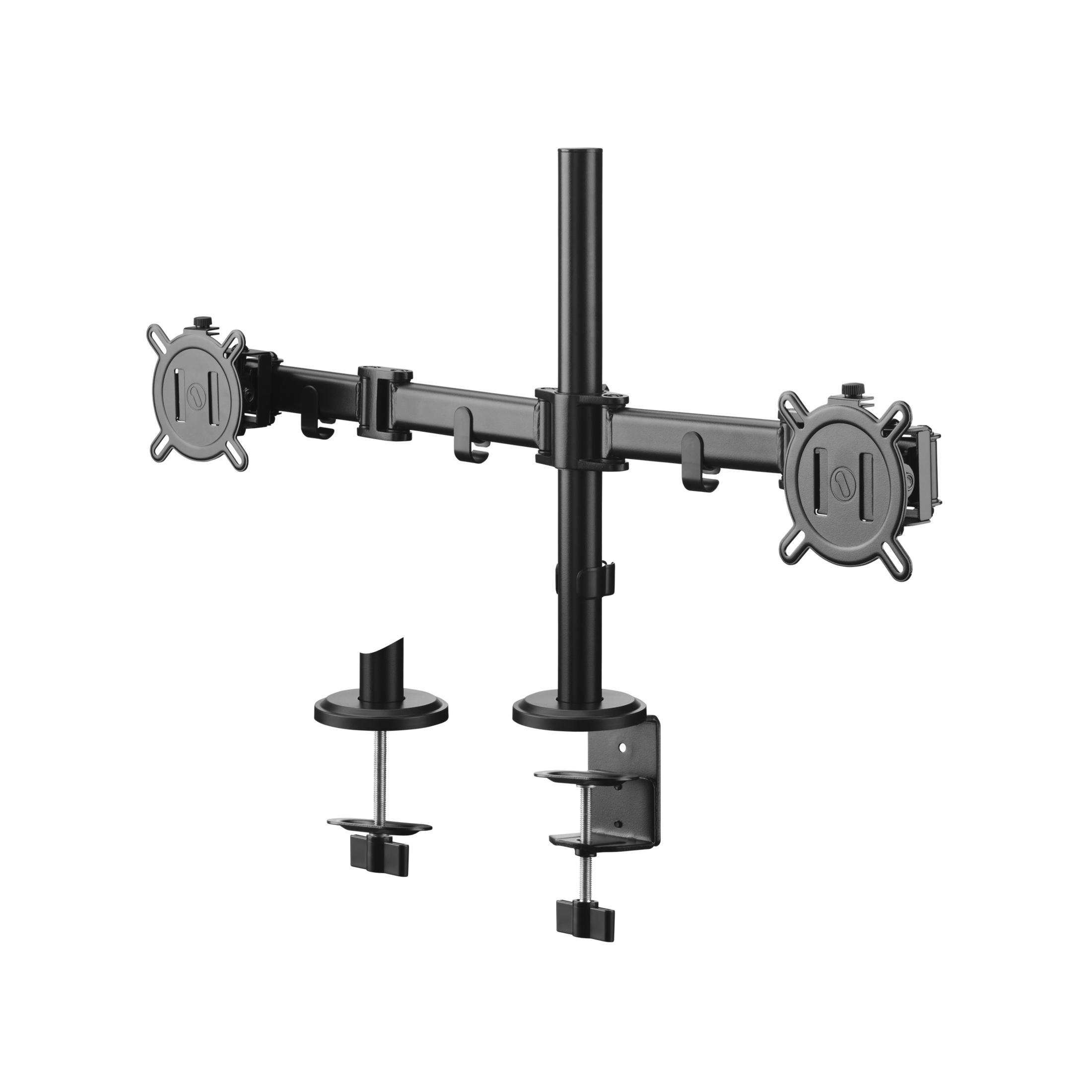 Czarny uchwyt na dwa monitory, widok z boku, z zaciskiem i regulacjami.