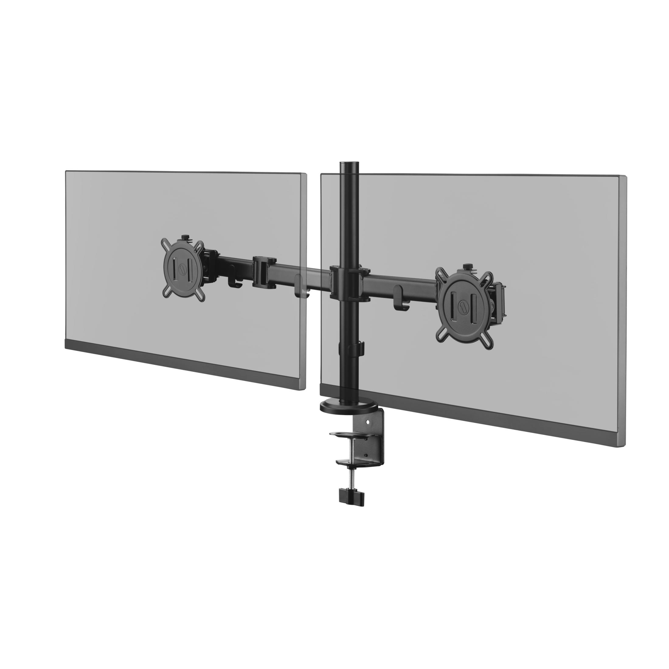 Podwójny uchwyt do monitora z dwoma ekranami przymocowanymi do biurka. Czarny kolor.