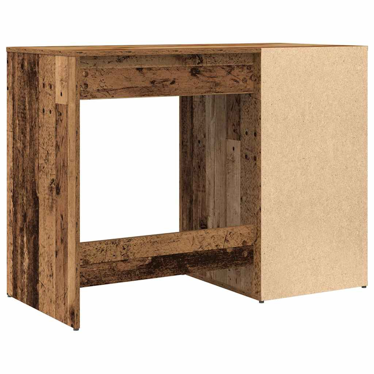 Holzschreibtisch mit offenem Raum und Seitenwand, rustikaler Stil.