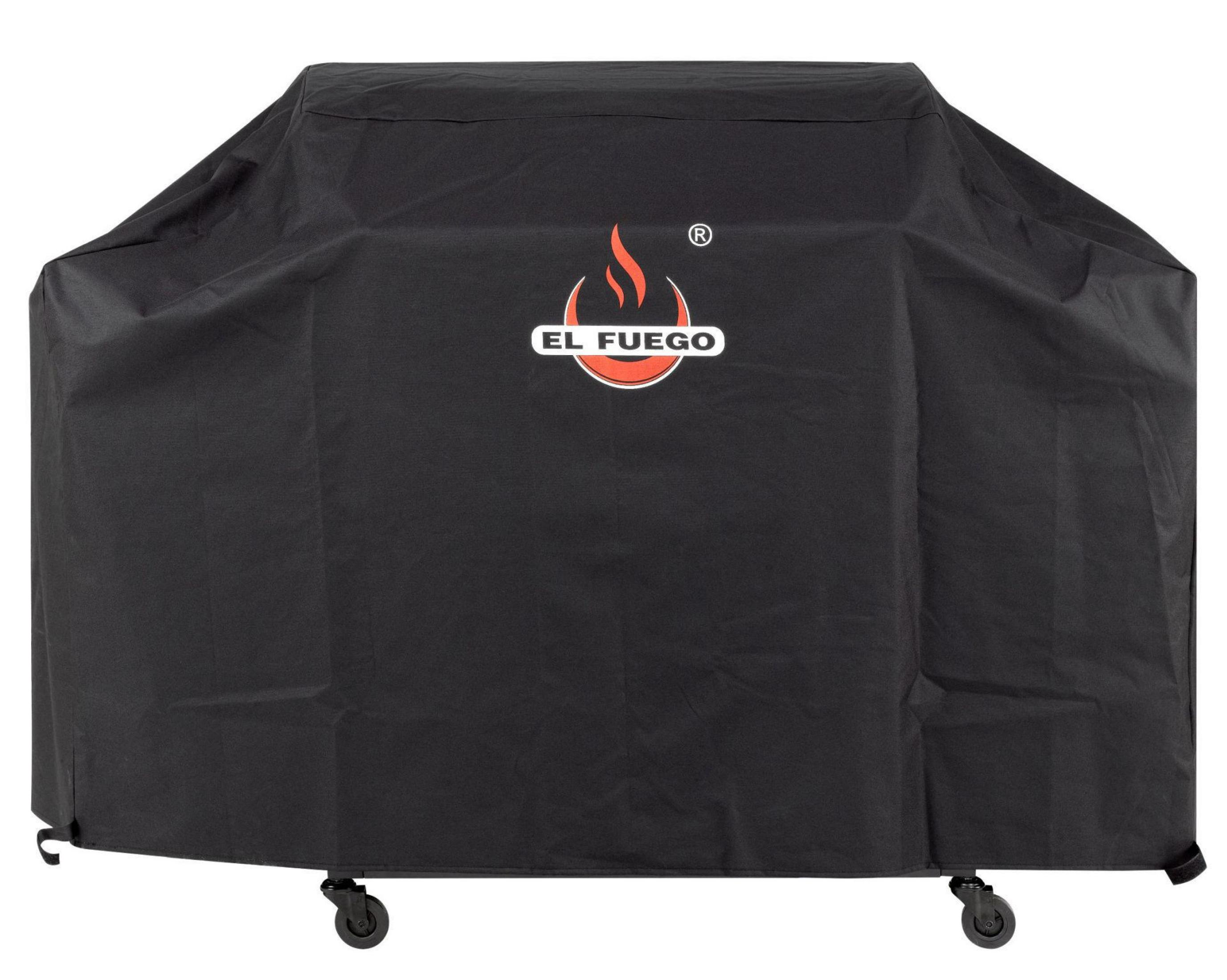 Schwarze Grillabdeckung der Marke El Fuego. Die Abdeckung steht auf Rädern.