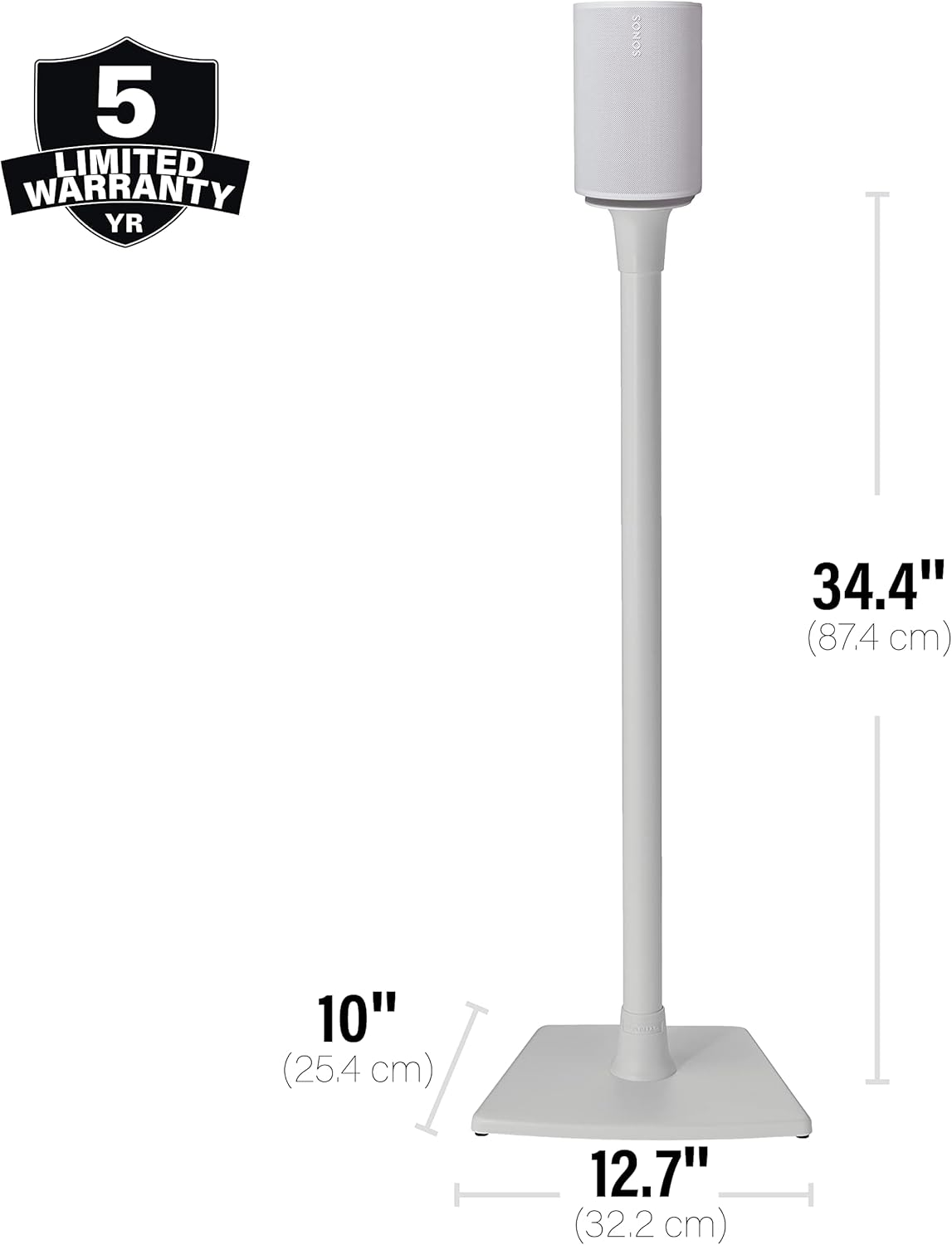 Witte speaker op witte standaard met afmetingen. 34,4" hoog, 10" breed, 12,7" basis.