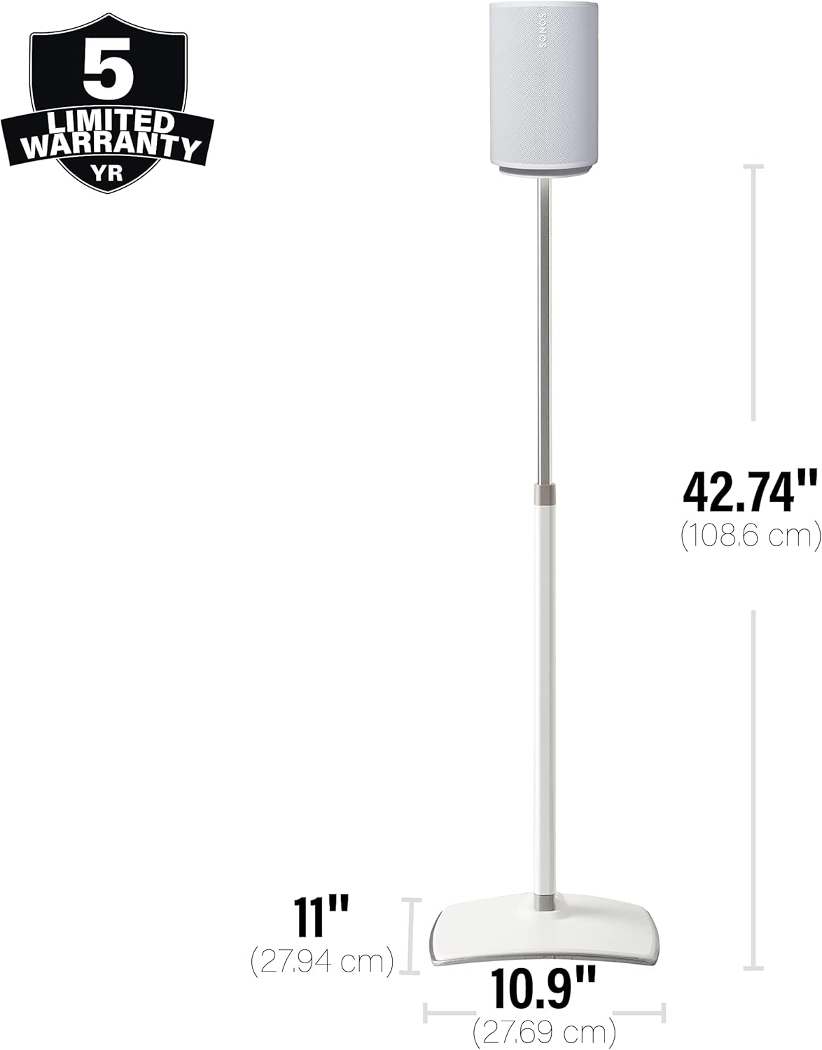 Witte speaker op witte standaard met afmetingen. 42,74" hoog, 10,9" basis, 11" breed.