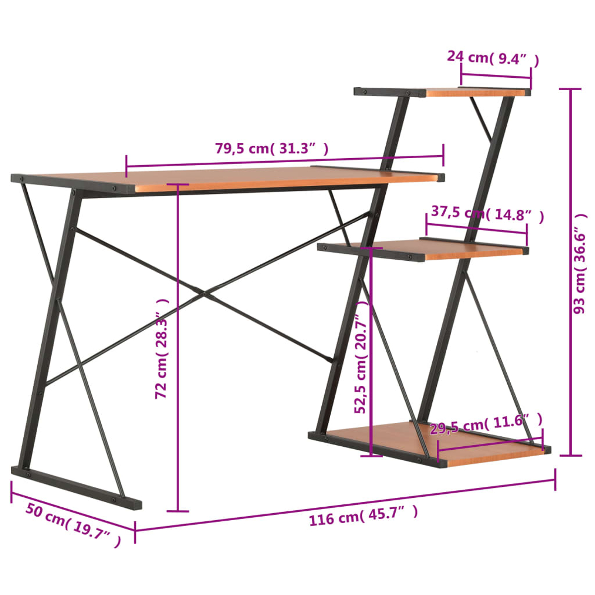Ein Computertisch mit Holzplatte, schwarzen Beinen und Regalen mit Maßangaben.