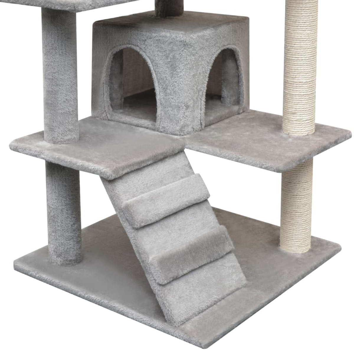 Grauer Katzenbaum mit Haus, Treppen und mehreren Plattformen.