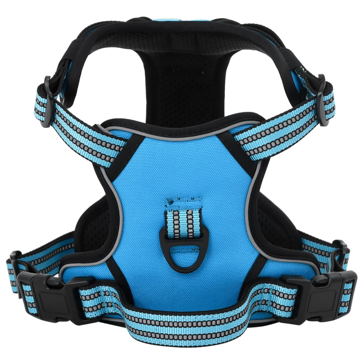 Blau-schwarzes Hunde-Geschirr mit reflektierenden Streifen.