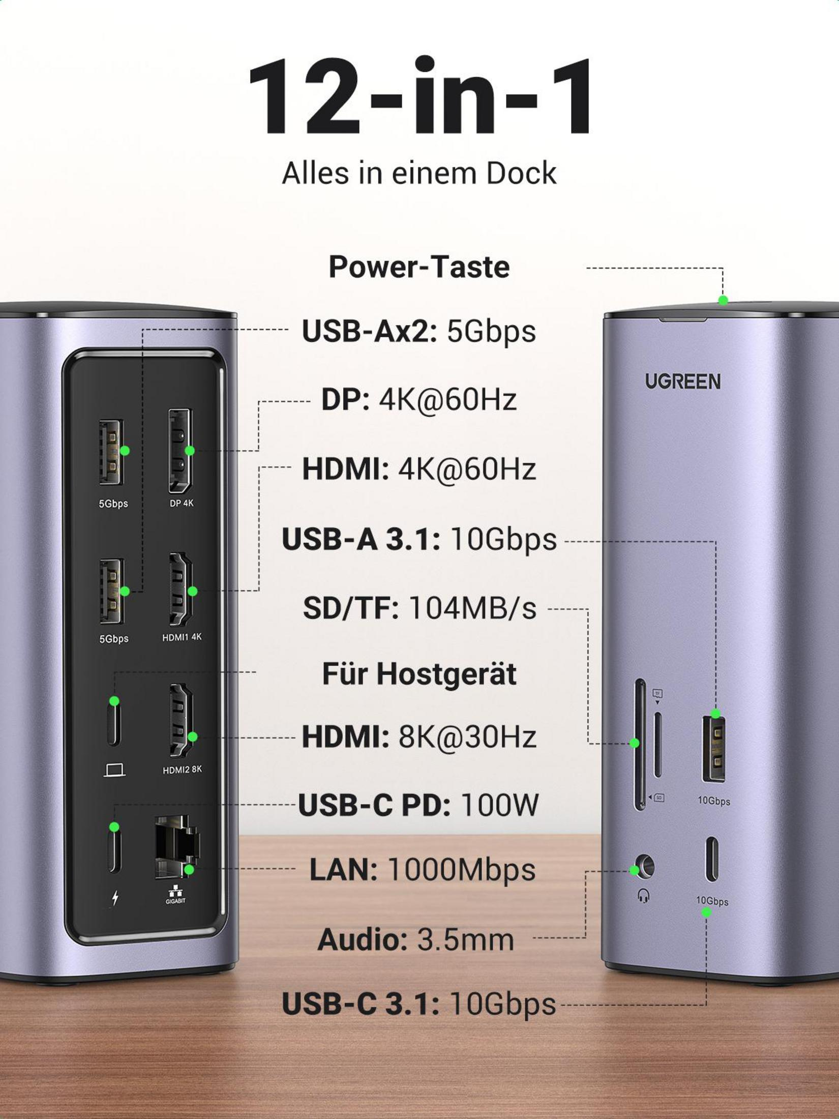 Srebrna stacja dokująca UGREEN z wieloma portami, w tym USB i HDMI.