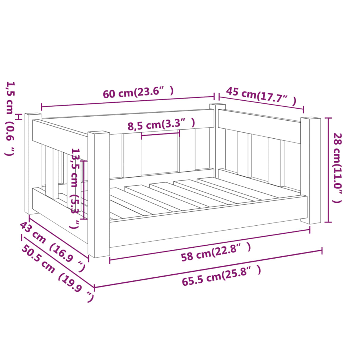 Hundebett aus Holz mit Maßangaben. Das Bett ist leer und hat ein schlichtes Design.