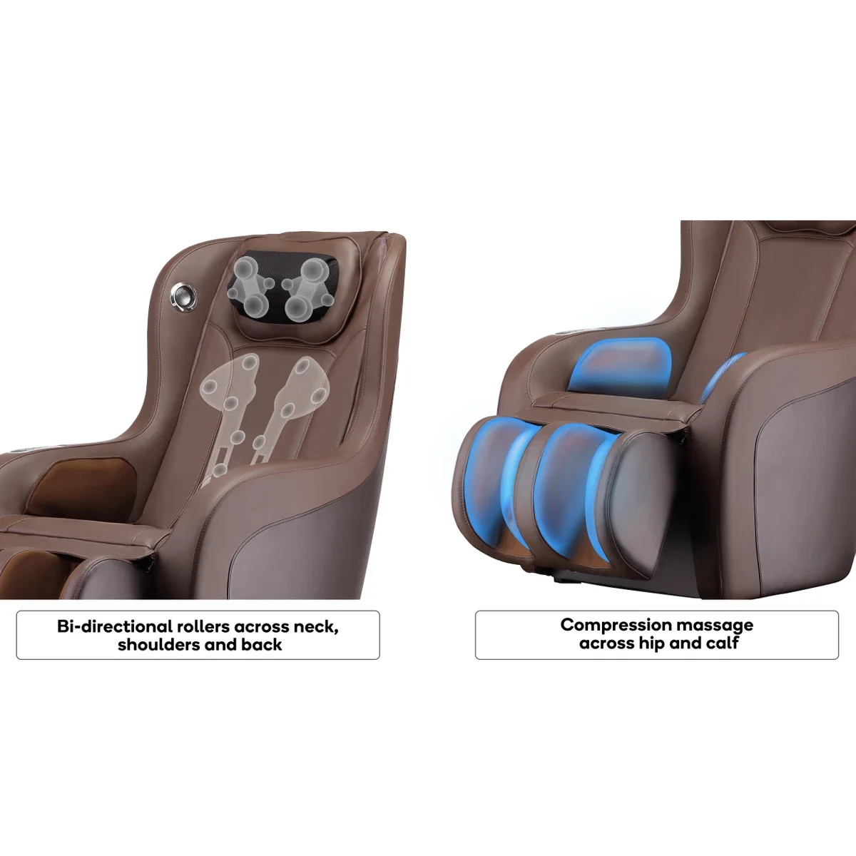 Massage chair with sections showing roller and compression massage features, with descriptive text below.