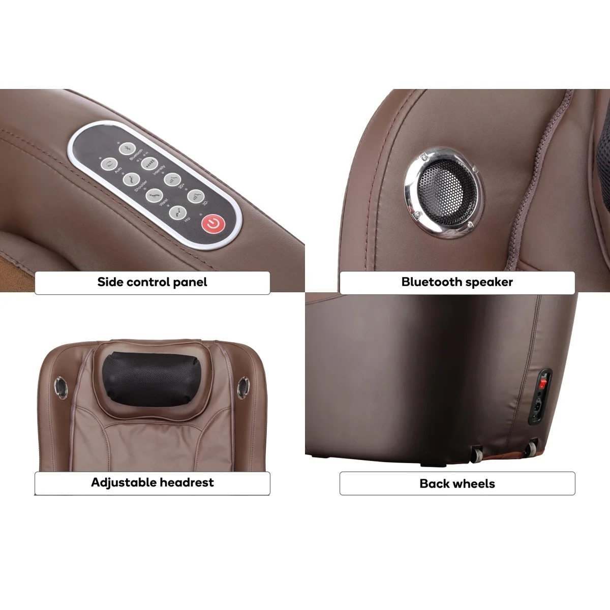 Massage chair details: control panel, speaker, adjustable headrest, and back wheels. Brown leather.