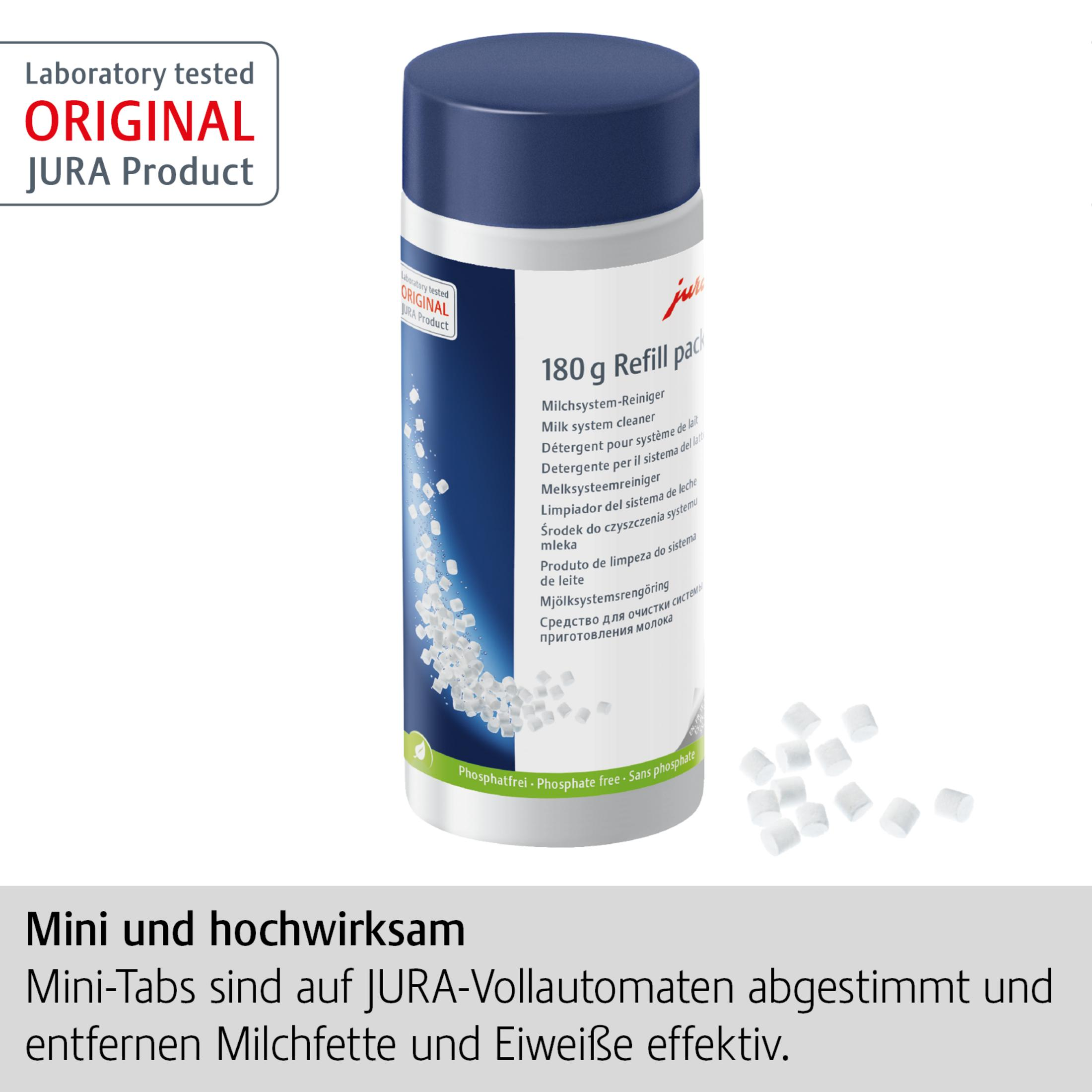 Une bouteille cylindrique étiquetée 'Jura' avec des comprimés et des descriptions textuelles.