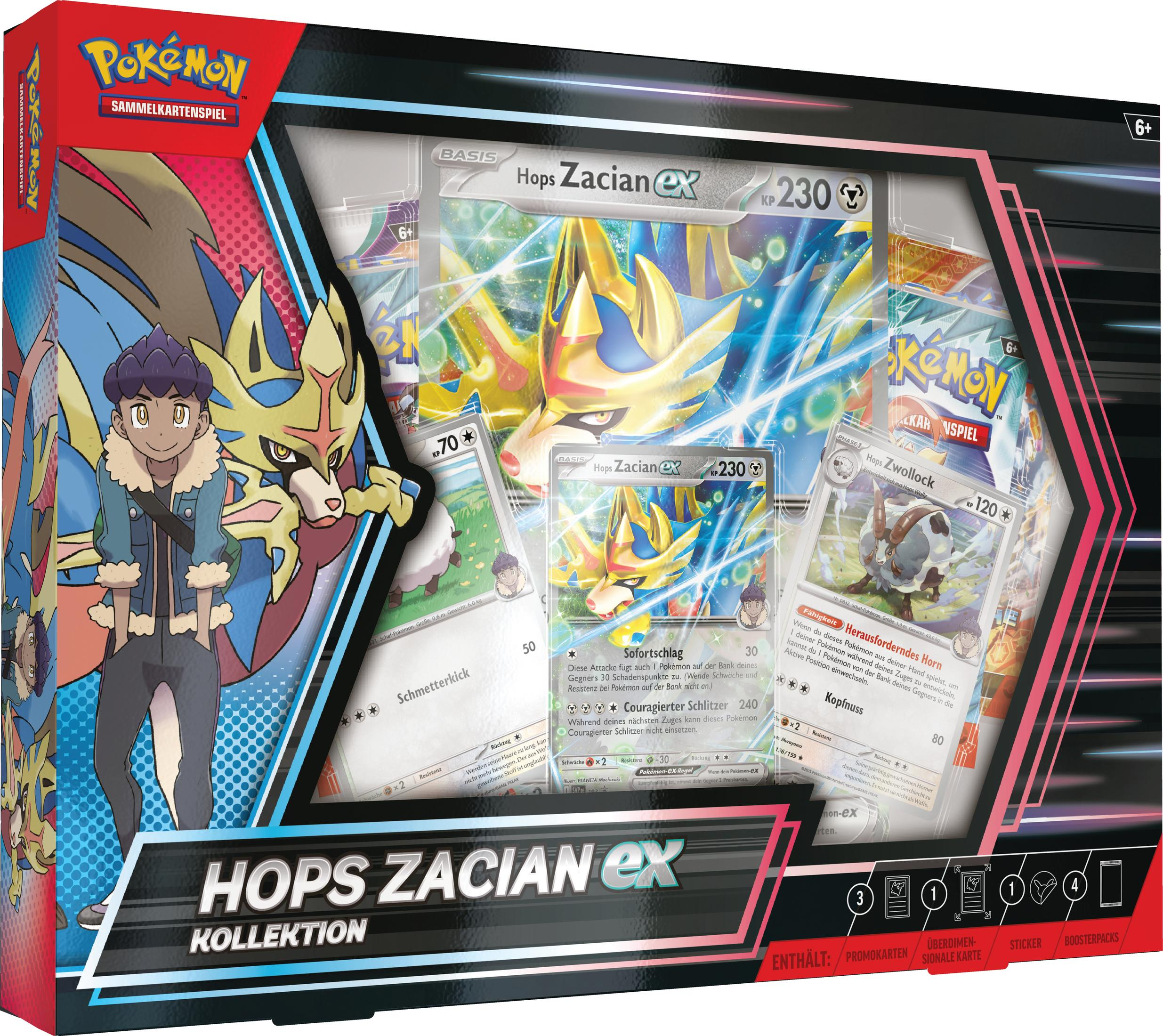 Pokemon-Kartenset-Box. Enthält Zacian, einen Trainer und verschiedene Spielkarten. Buntes Design.