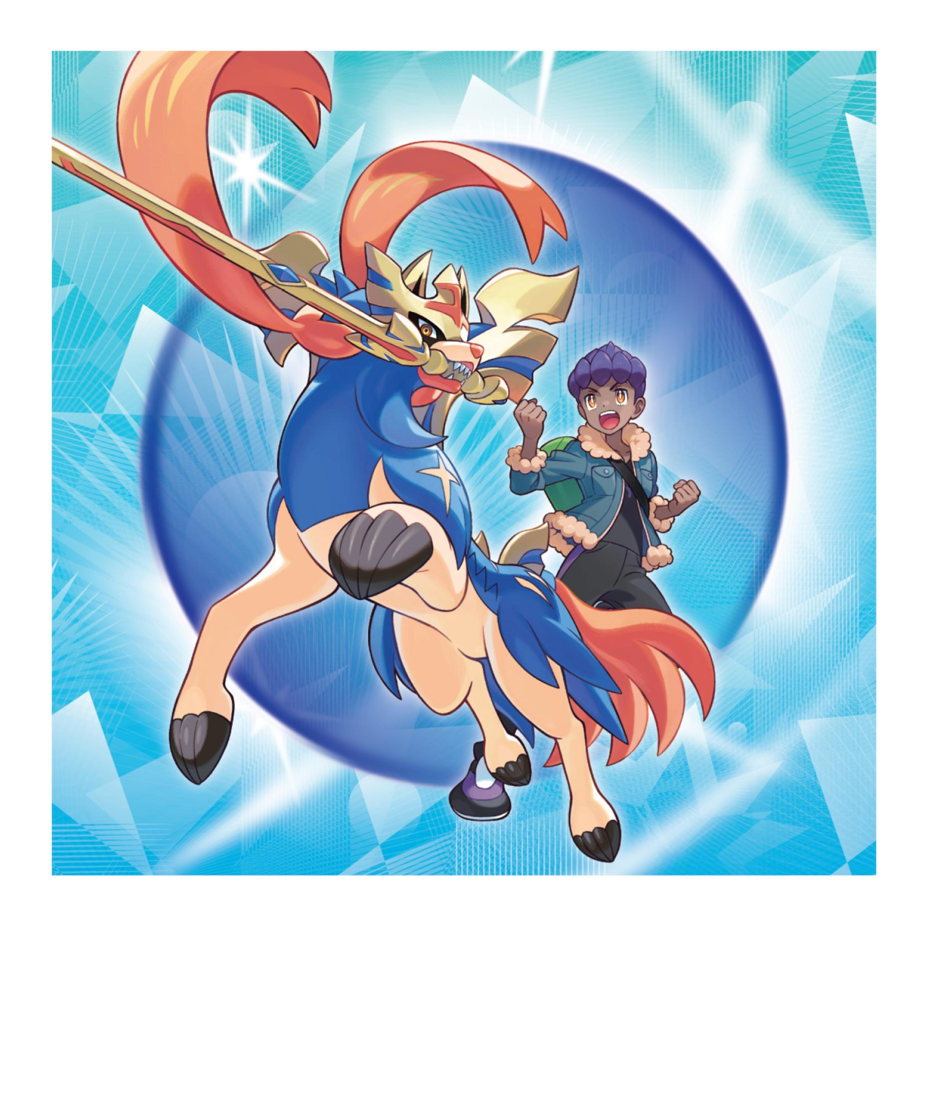 Pokemon-Illustration. Eine blau-goldene Kreatur springt auf eine Person zu.