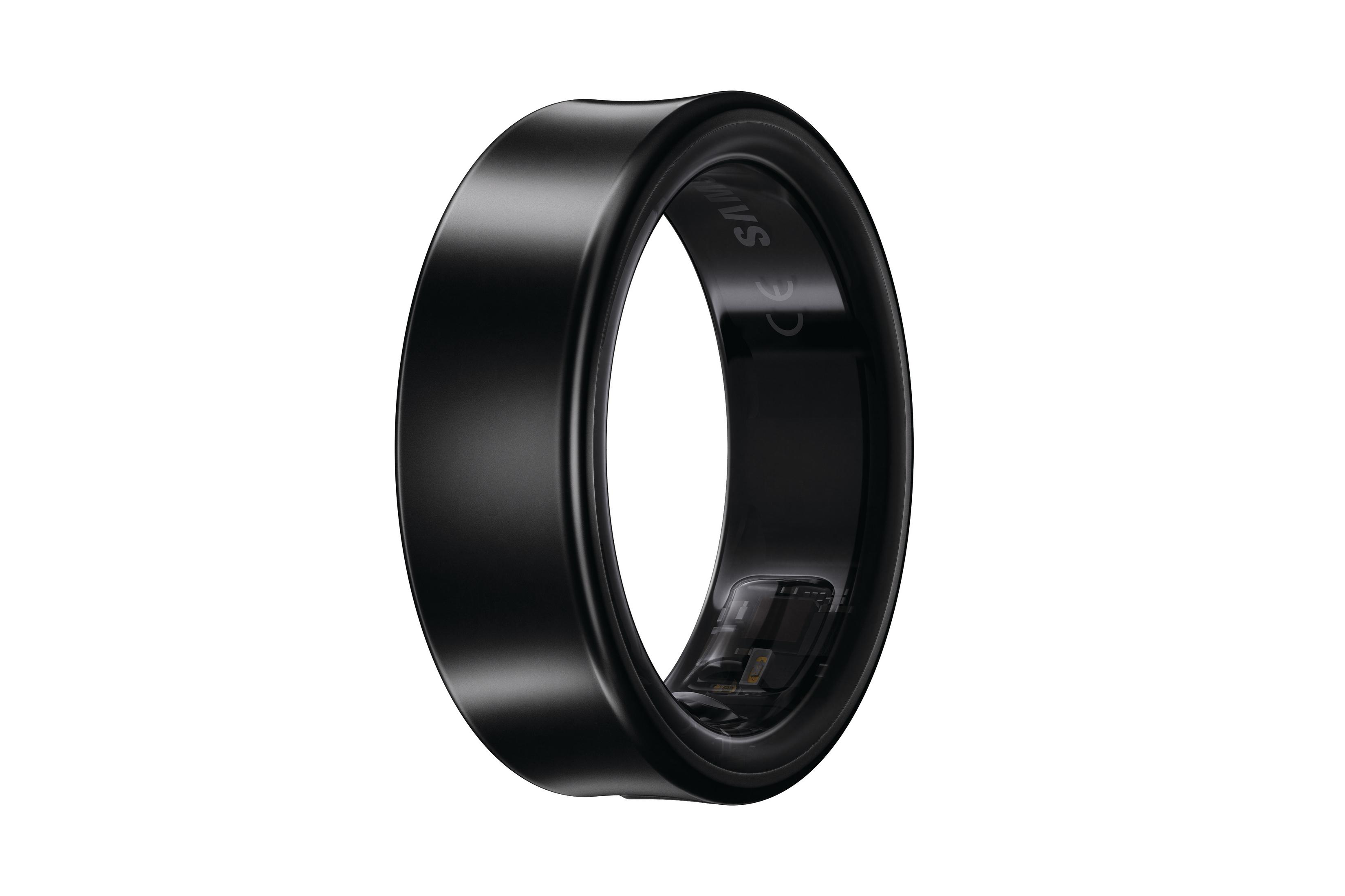 Schwarzer Smartring, elegant, mit 'SAMSUNG' und einer vertikalen Linie. Minimalistisches Design.