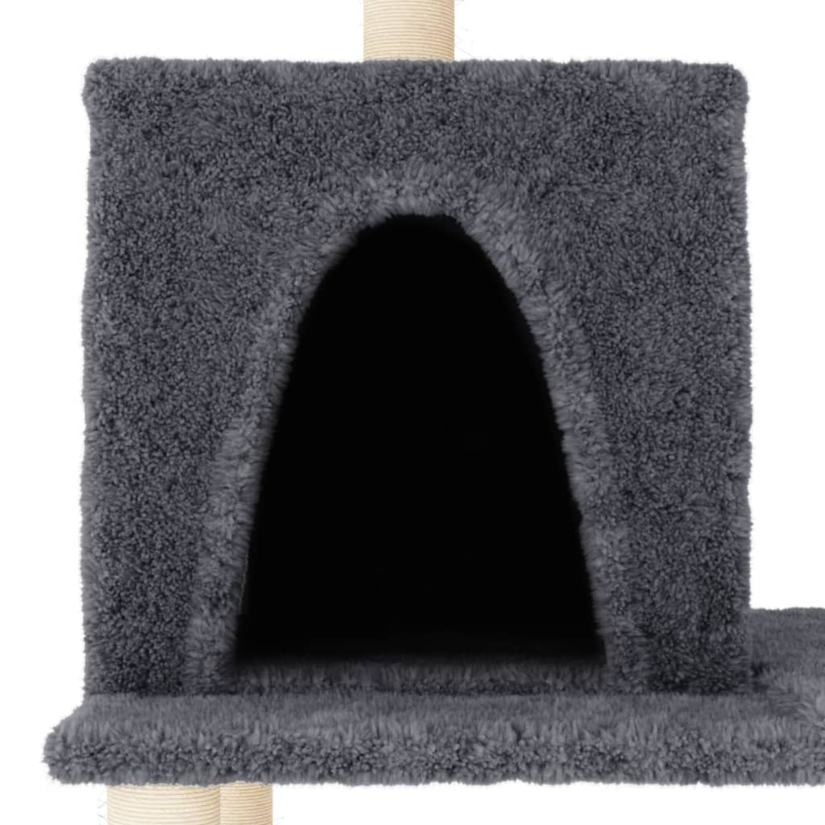 Ein graues Katzenturm-Element mit einer Höhle, Teppich, mit einem beigen Stützpfosten.