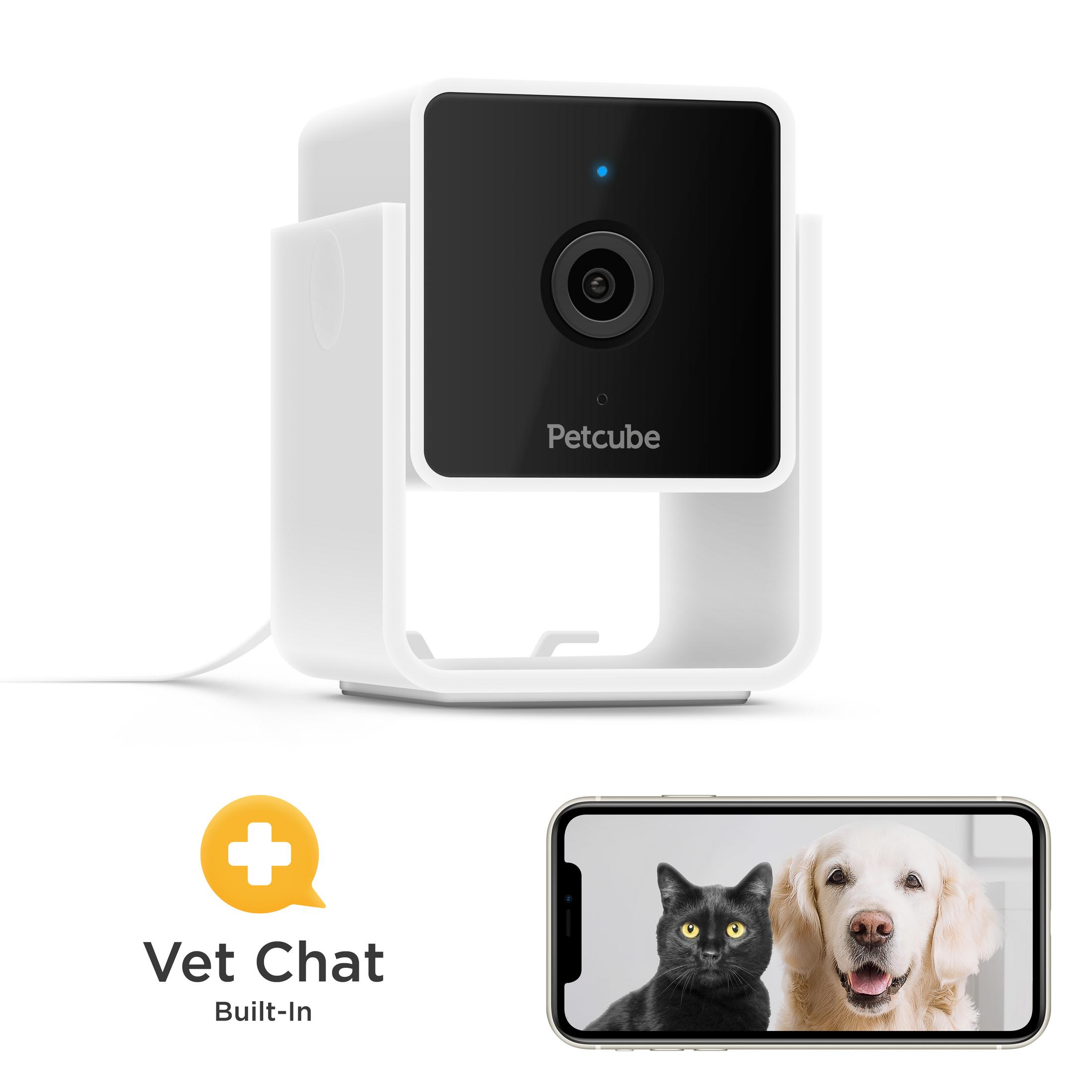 Petcube-Kamera mit einem Telefon, das eine Katze und einen Hund anzeigt, sowie ein Vet Chat-Logo.