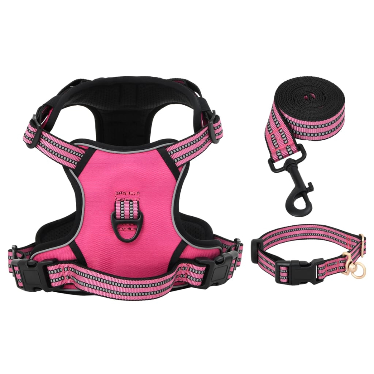 Set imbracatura, collare e guinzaglio per cani rosa con dettagli neri su sfondo bianco.