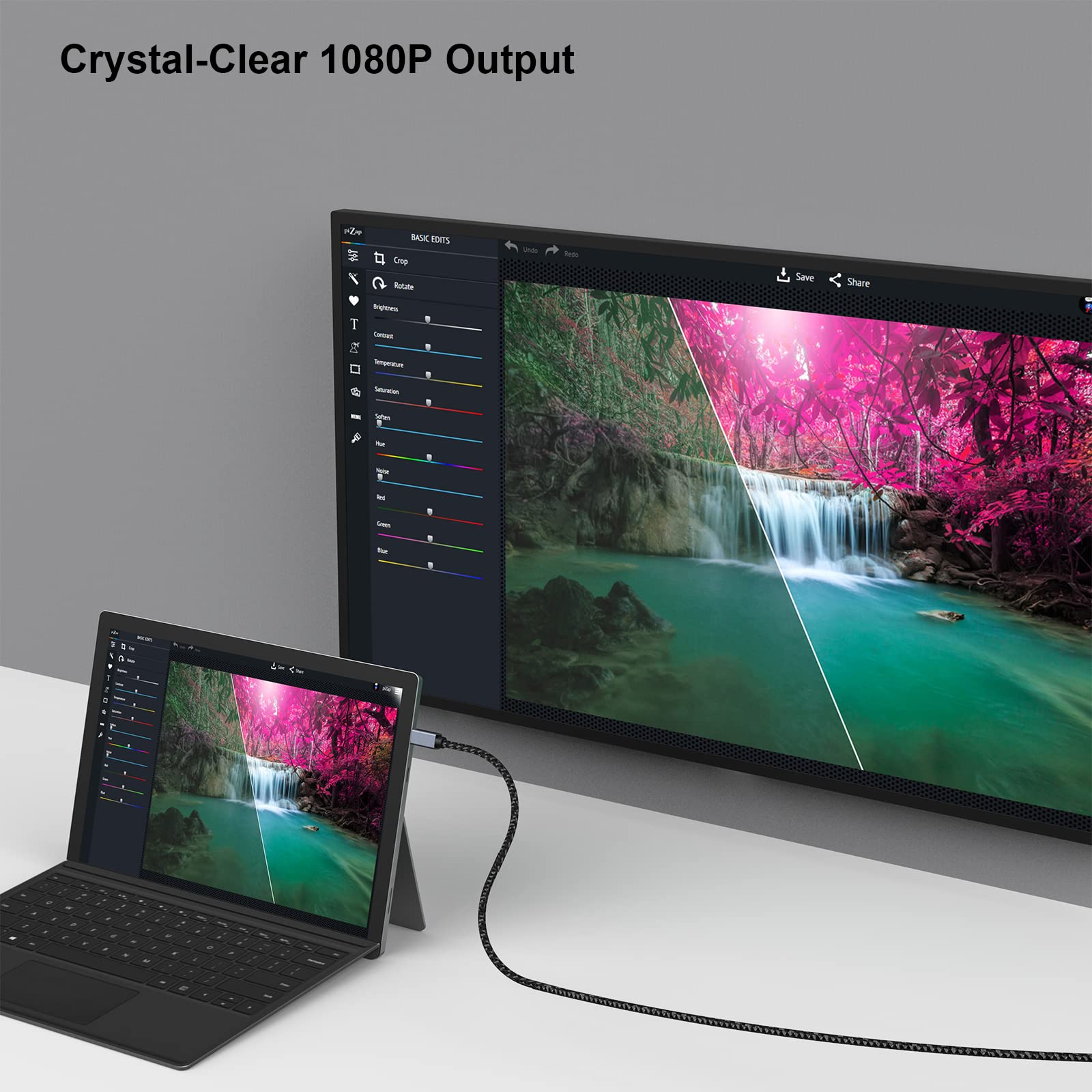Laptop, verbunden mit einem Monitor, der eine Bildbearbeitungssoftware-Oberfläche mit Wasserfall anzeigt.