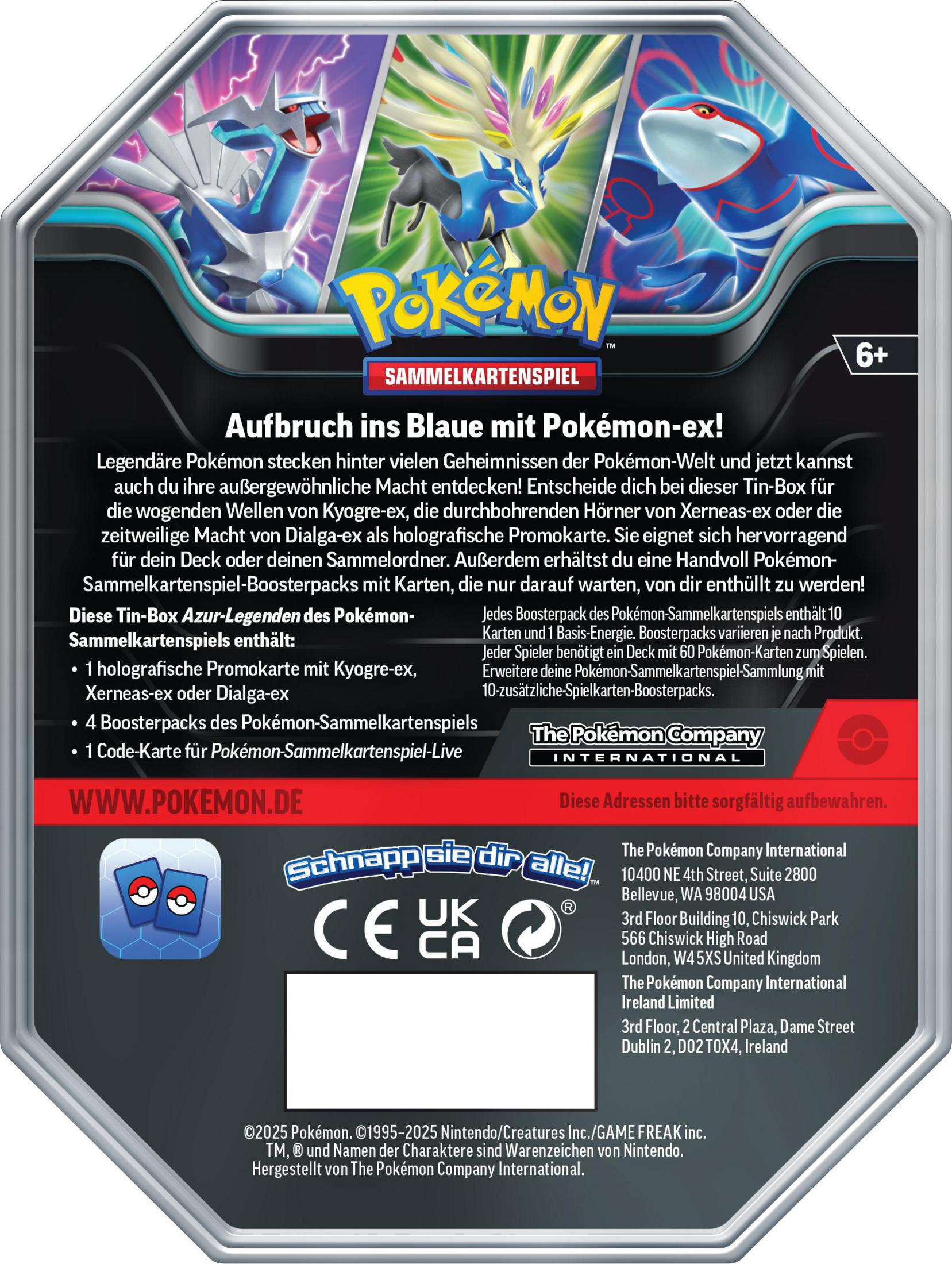Rückseite der Pokémon-Kartenbox. Text auf Deutsch. Pokémon-Charaktere. Enthält Karten und Booster.