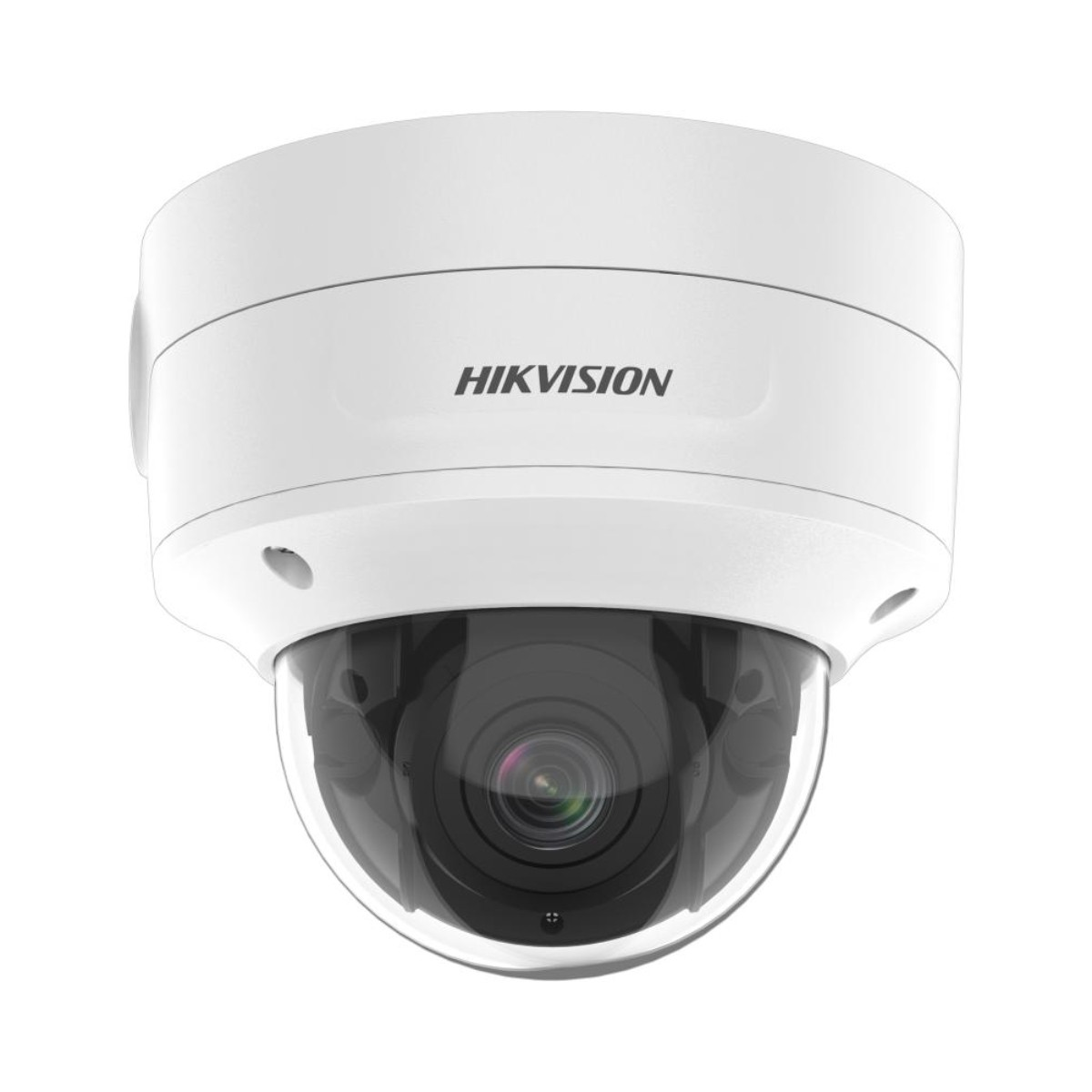 Caméra de sécurité dôme blanche et noire avec la marque HIKVISION.