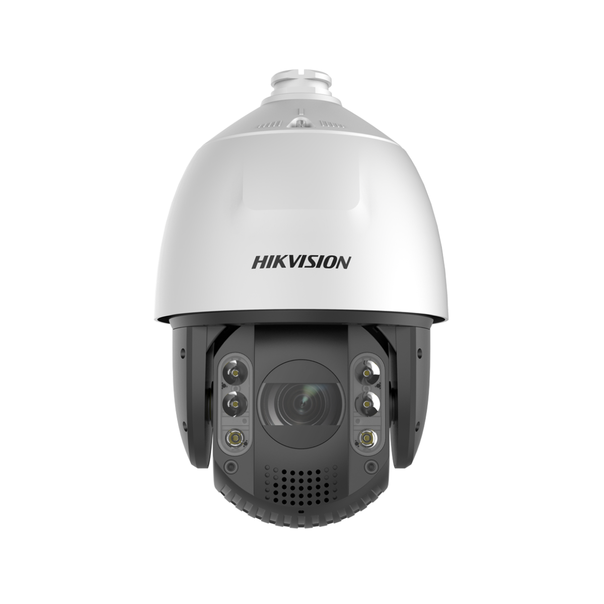 Telecamera di sicurezza bianca e nera con il marchio HIKVISION. Ha la parte superiore a cupola.