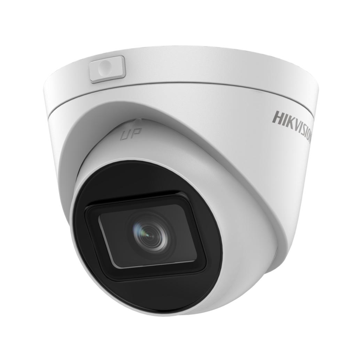 Telecamera di sicurezza Hikvision bianca. Telecamera a cupola con obiettivo nero. Forma arrotondata. Freccia su.