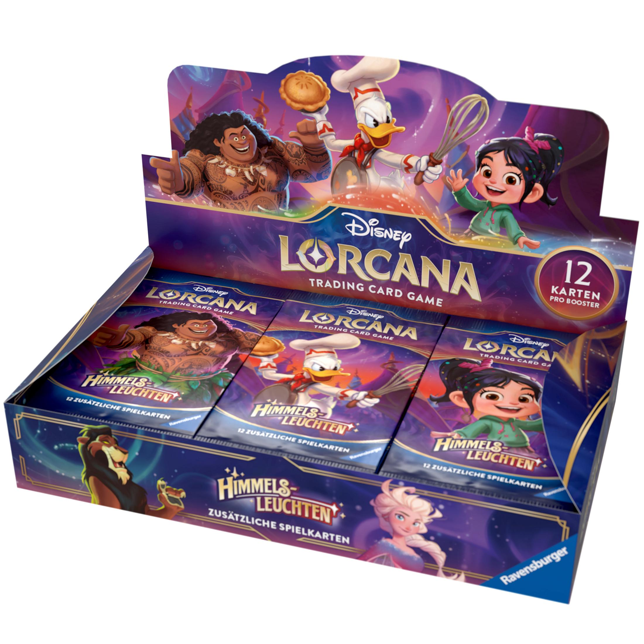 Displaybox des Disney Lorcana Sammelkartenspiels, mit verschiedenen Disney-Charakteren.