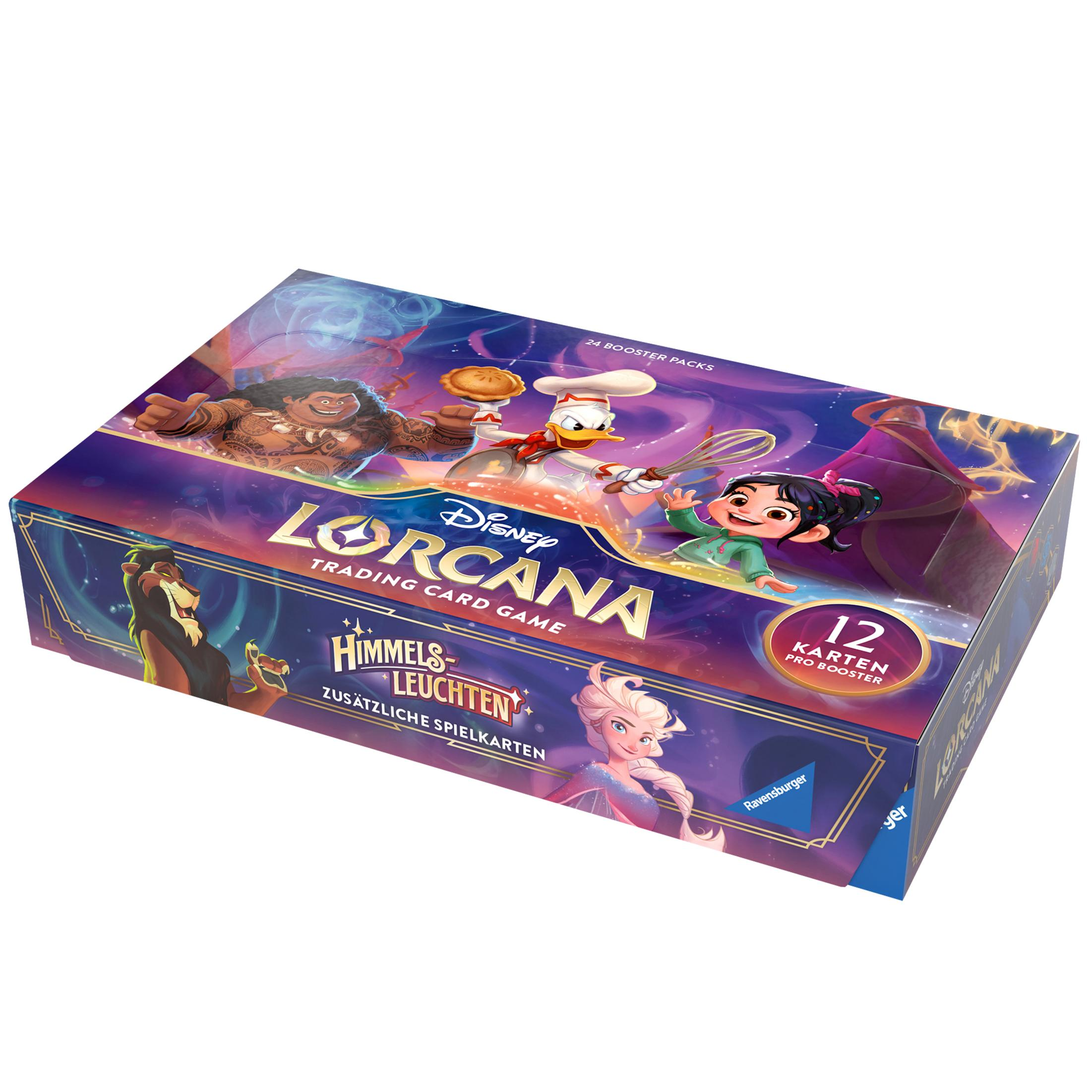 Eine Disney Lorcana Trading Card Game Box mit Charakteren, einem lila Himmel und blauem Hintergrund.