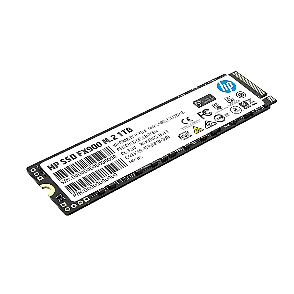 Un'unità SSD HP FX900 M.2 1TB. È rettangolare con etichette e componenti elettronici.