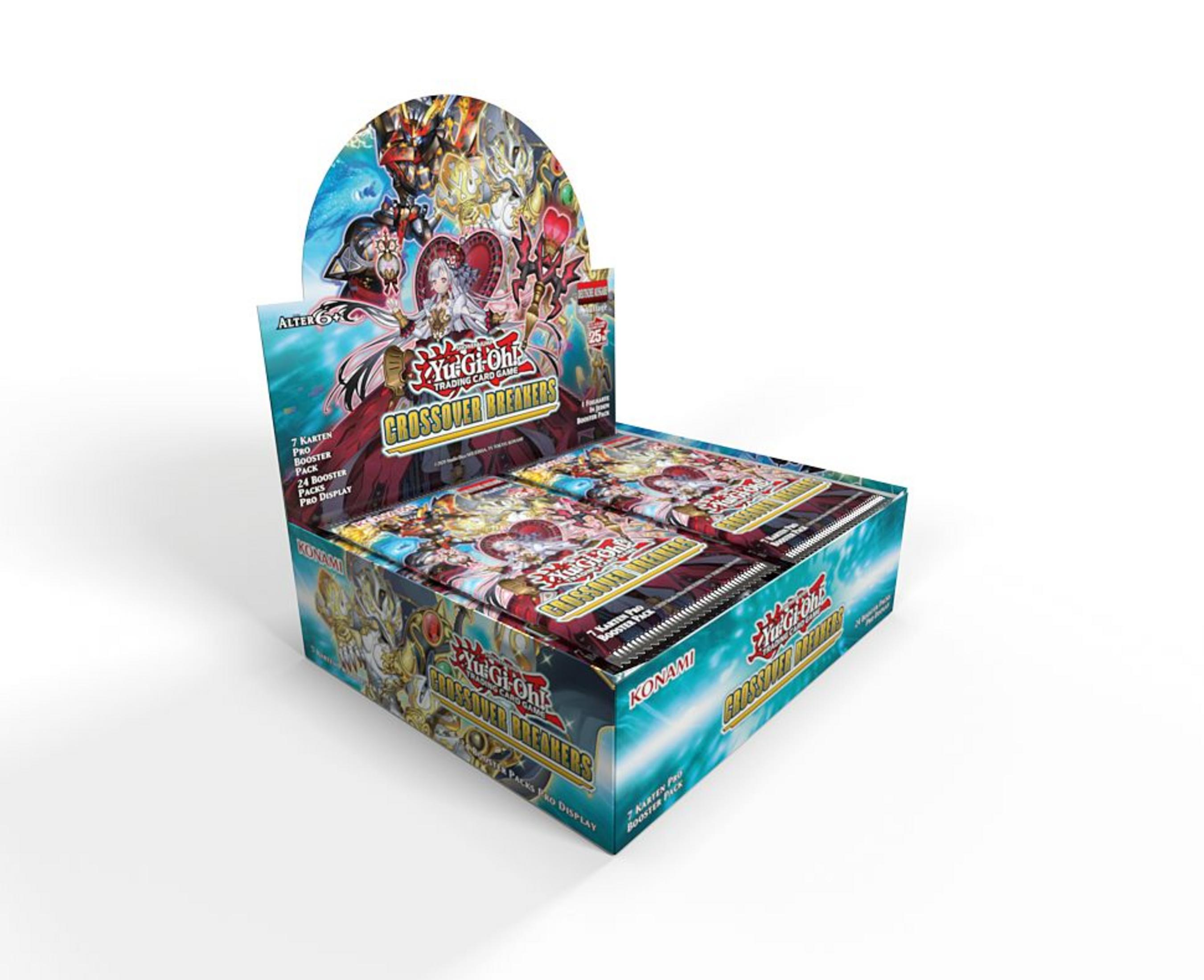 Schachtel mit Yu-Gi-Oh!-Sammelkarten, mit Kartenpackungen und Werbematerialien.