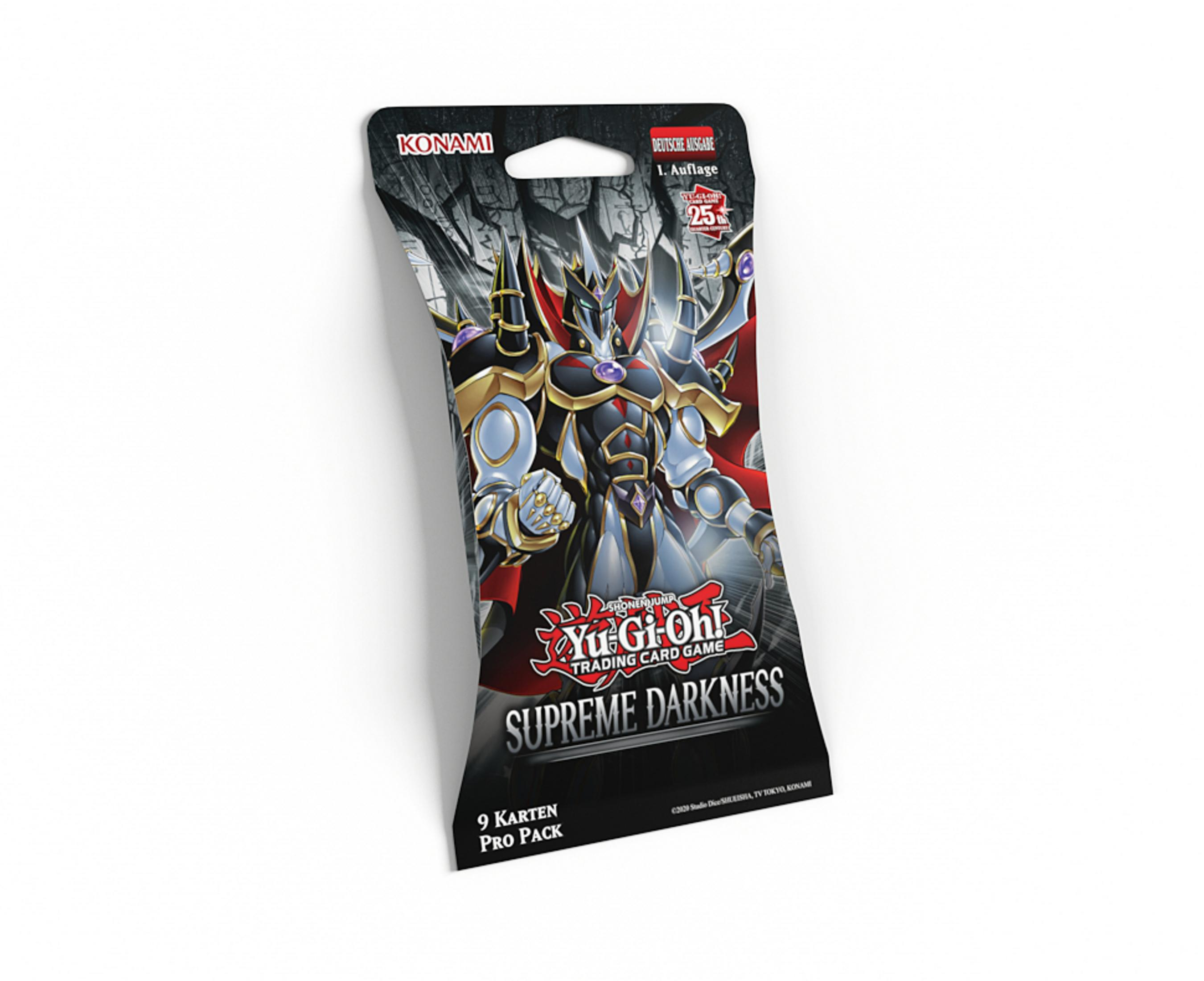 Yu-Gi-Oh! Supreme Darkness Kartenpackung, Winkelansicht. Schwarz, grau und rot.