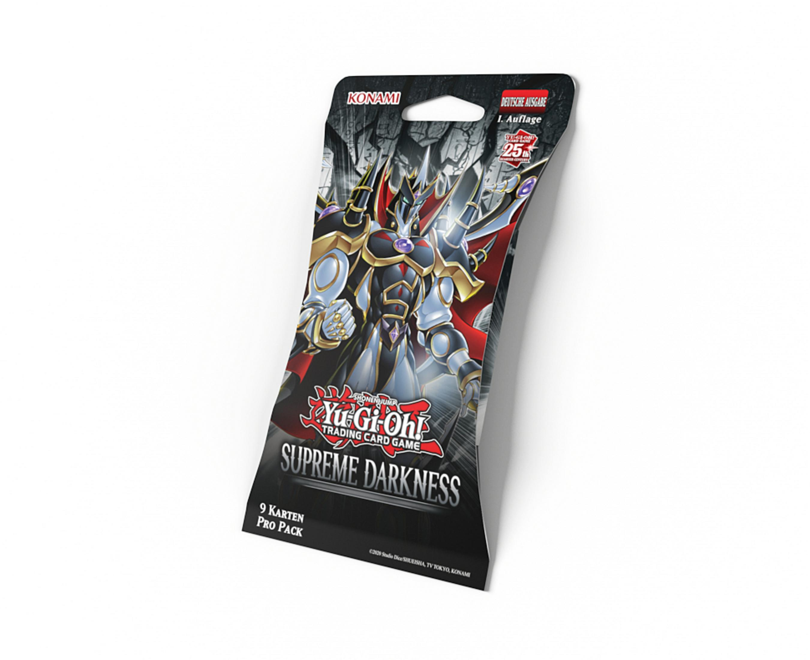 Eine Yu-Gi-Oh!-Kartenpackung mit dunklen Bildern. Sie hat ein schwarz-graues Design und Text.