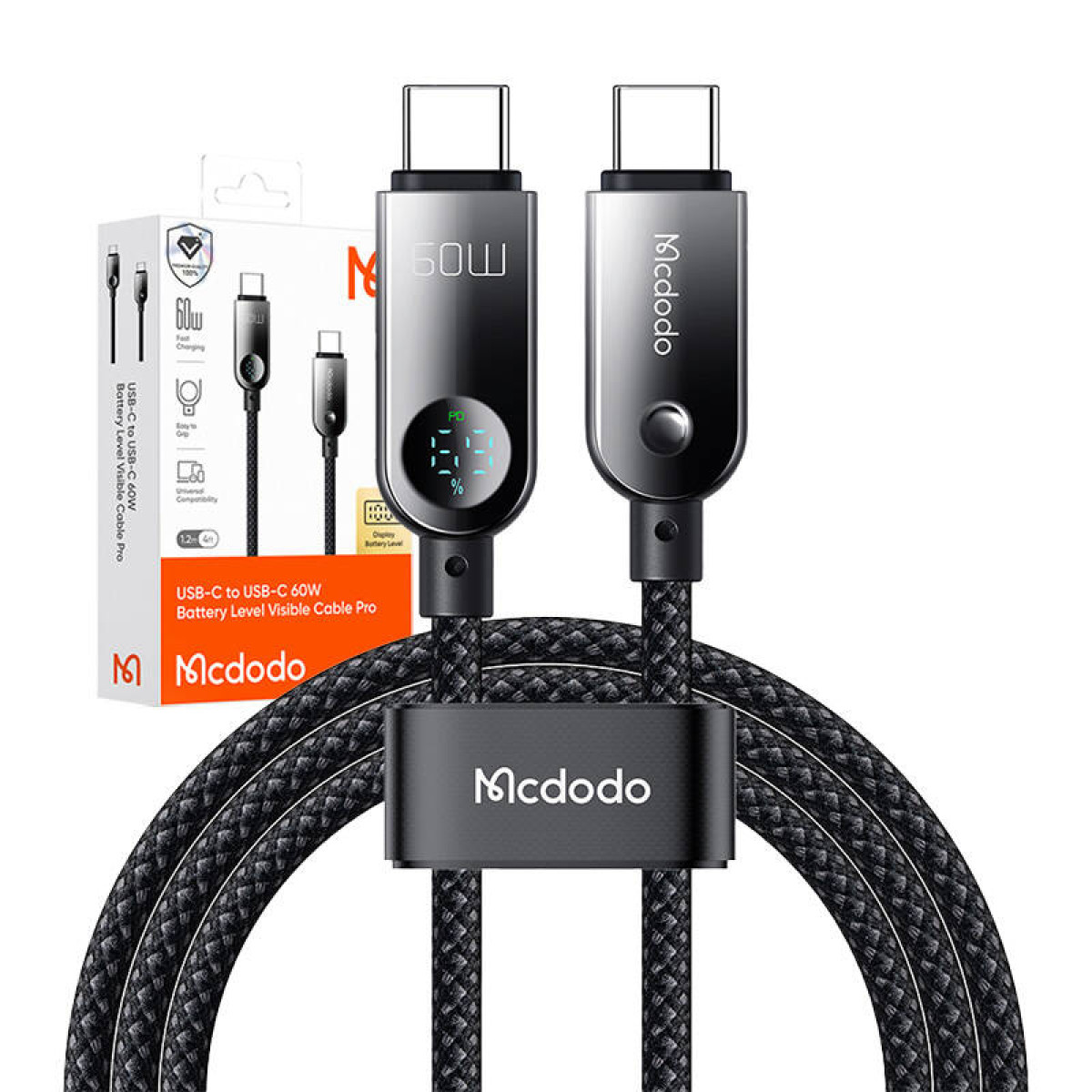 60W ve bir yüzde gösteren, iki konektörlü siyah bir USB-C kablosu. Marka adı Mcdodo.