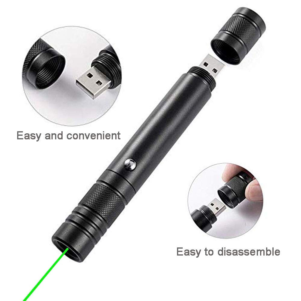 Ein schwarzer Laserpointer zerlegt. Ein grüner Laserstrahl wird aus dem zusammengebauten Pointer emittiert.